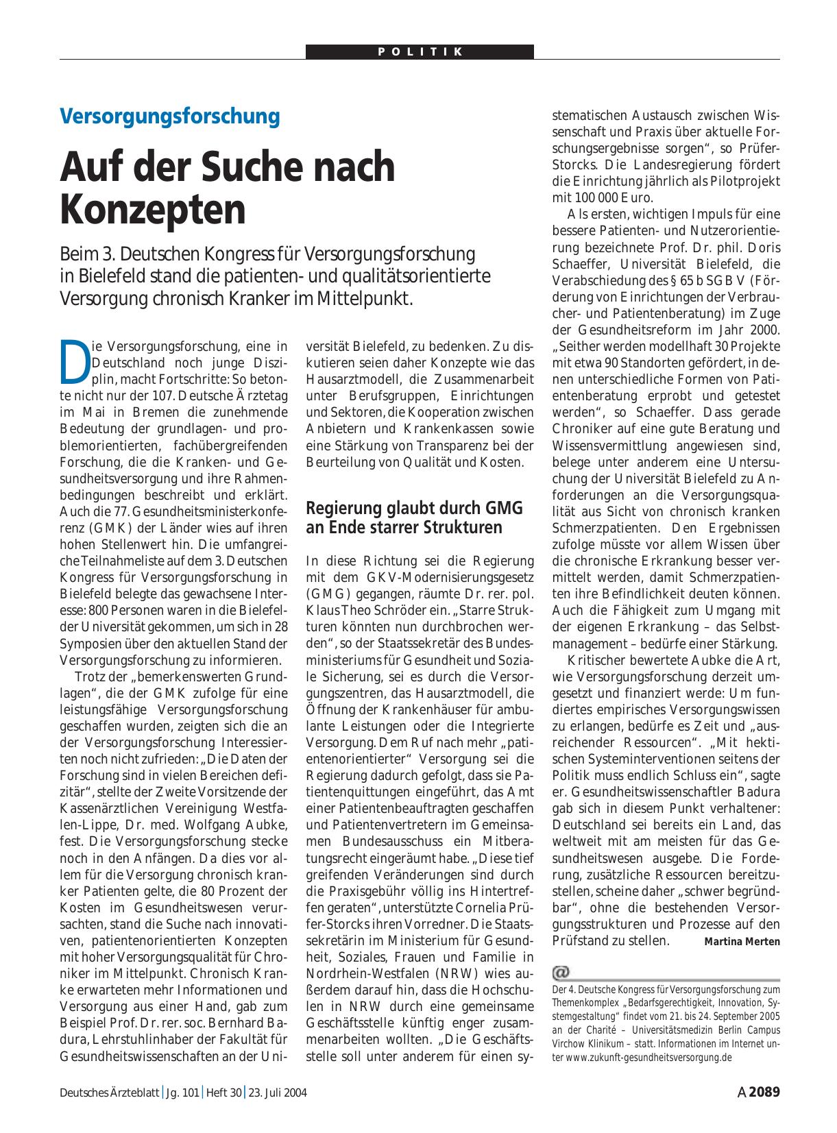 Vorschauseite 1: Versorgungsforschung: Auf der Suche nach Konzepten