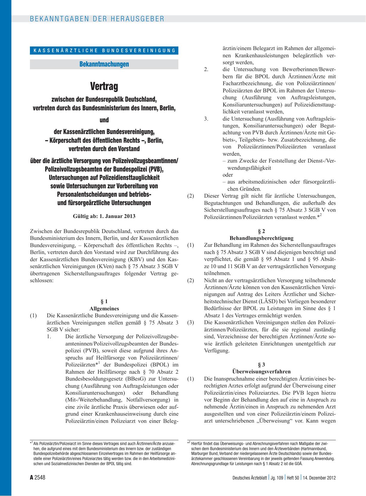 Vorschauseite 1: Vertrag zwischen der Bundesrepublik Deutschland, vertreten durch das Bundesministerium des Innern, Berlin, und der Kassenärztlichen Bundesvereinigung, – Körperschaft des öffentlic…