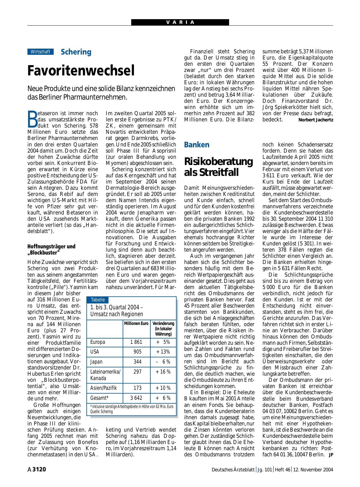 Vorschauseite 1: Schering: Favoritenwechsel
