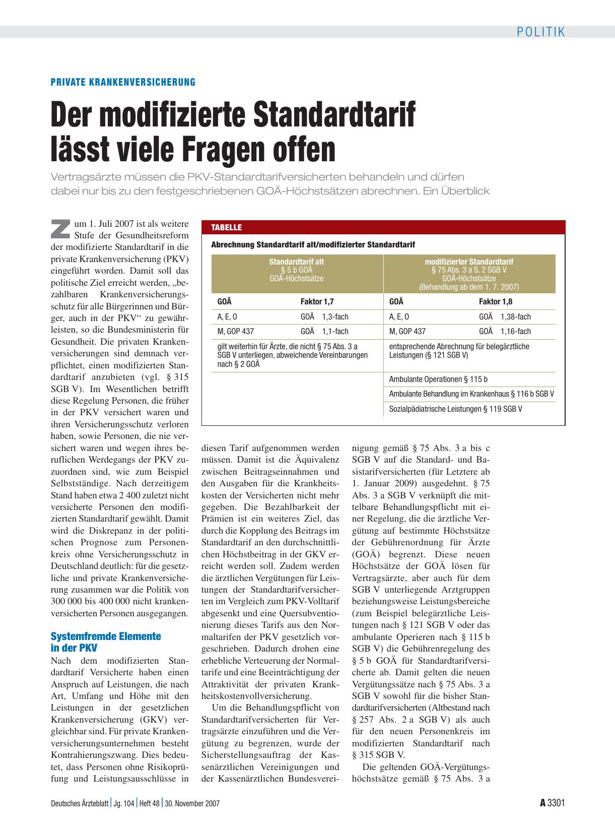 Vorschauseite 1: Private Krankenversicherung: Der modifizierte Standardtarif lässt viele Fragen offen