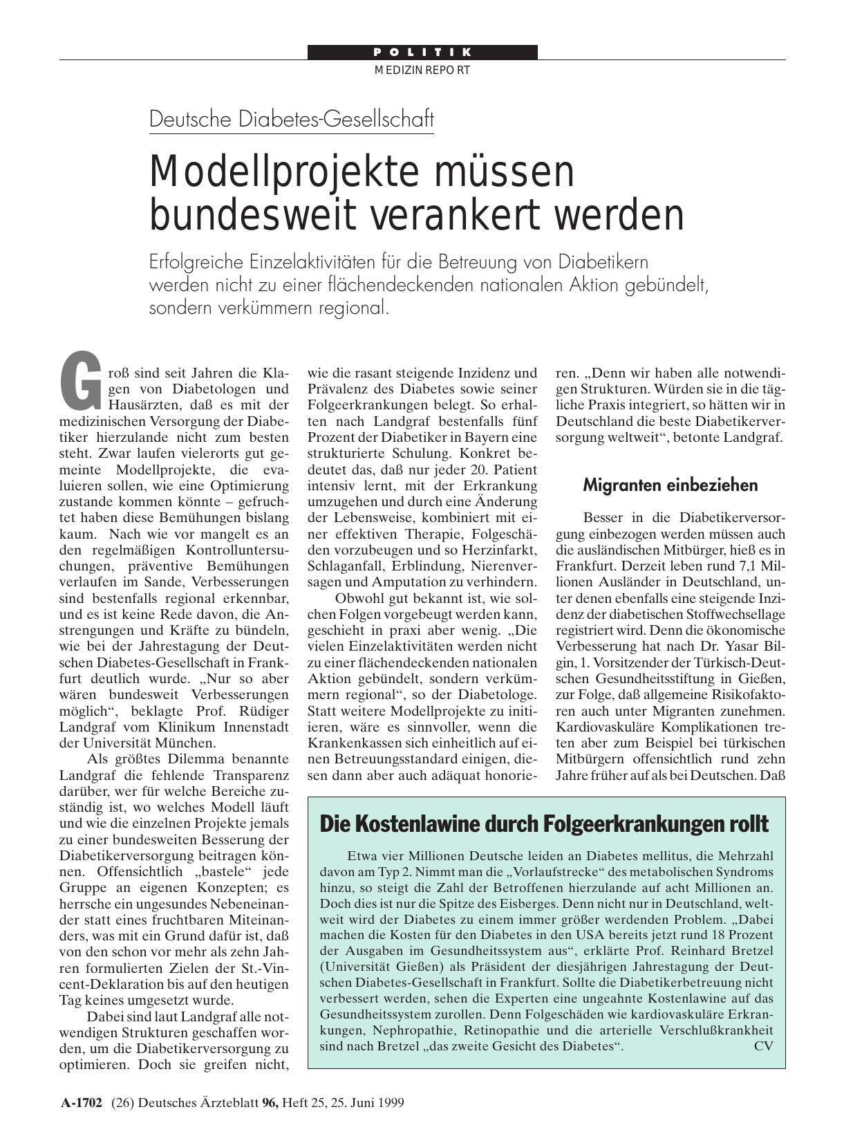 Vorschauseite 1: Deutsche Diabetes-Gesellschaft: Modellprojekte müssen bundesweit verankert werden