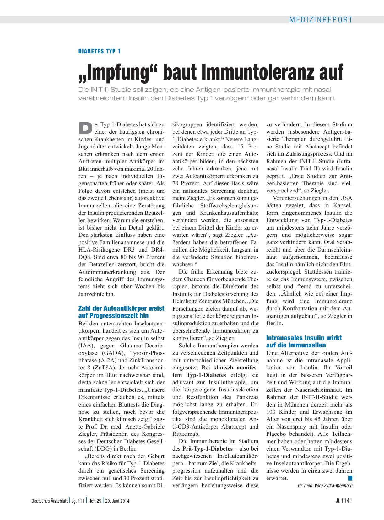 Vorschauseite 1: Diabetes Typ 1: „Impfung“ baut Immuntoleranz auf