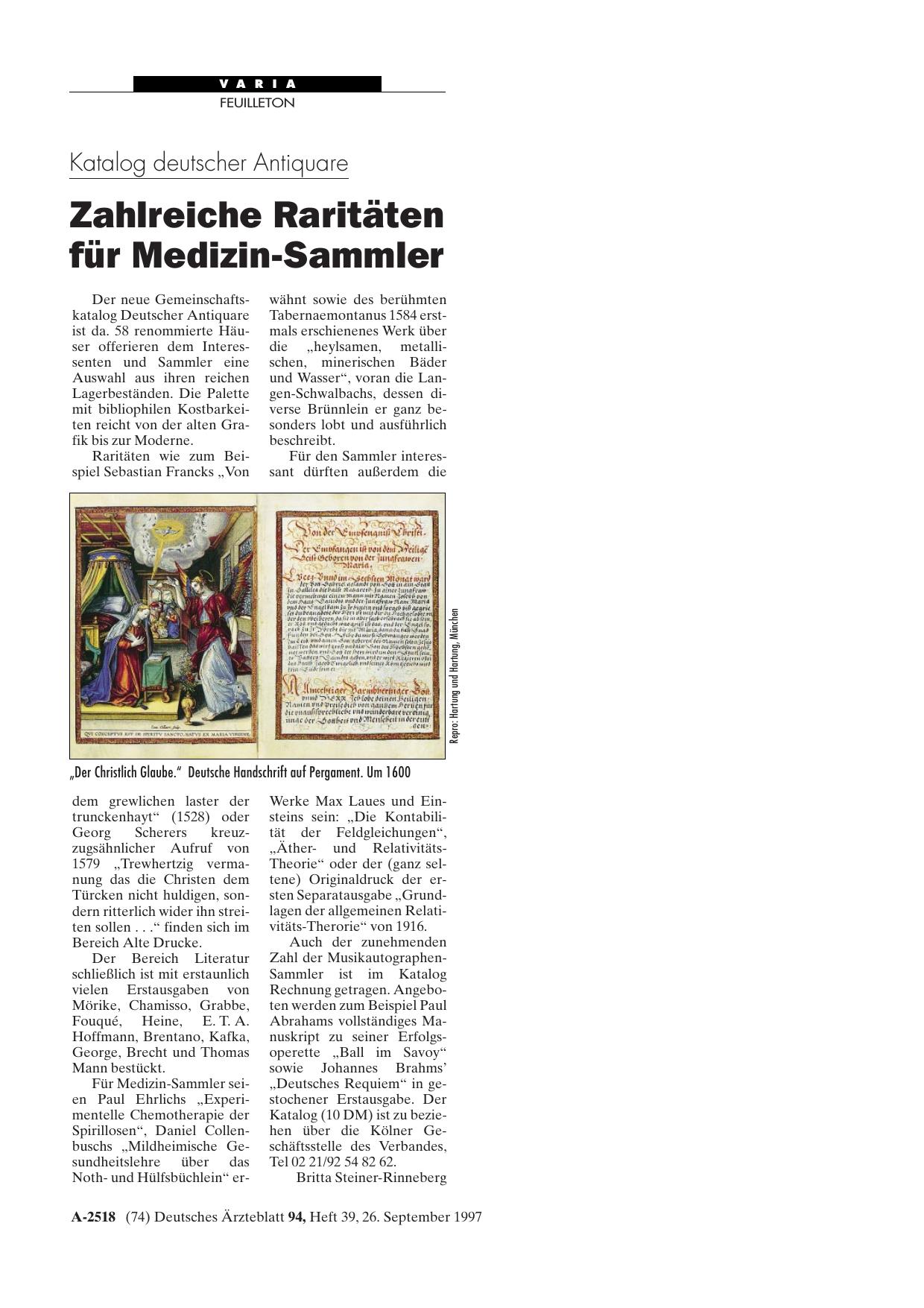 Vorschauseite 1: Katalog deutscher Antiquare: Zahlreiche Raritäten für Medizin-Sammler