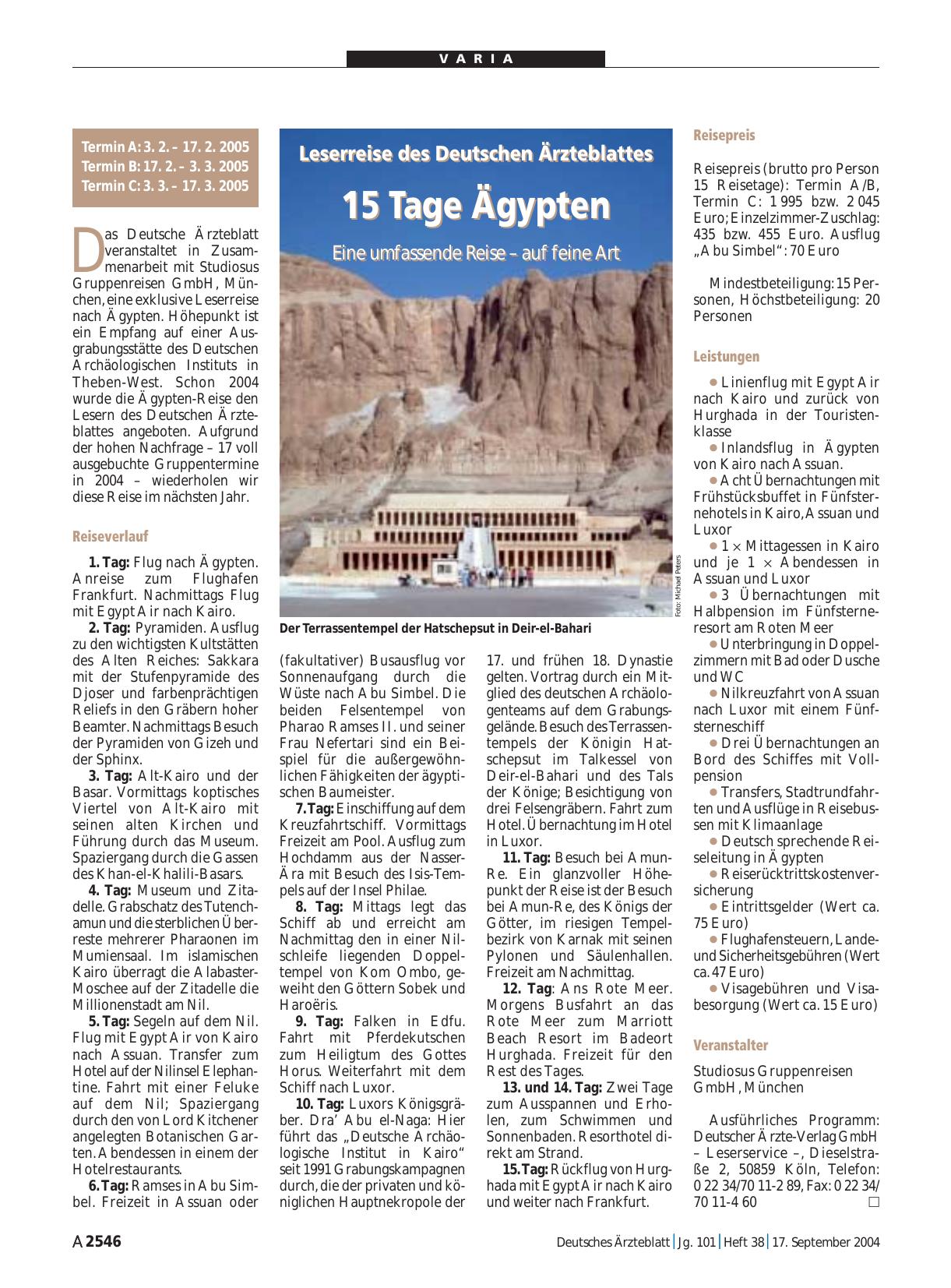 Vorschauseite 1: Leserreise des Deutschen Ärzteblattes: 15 Tage Ägypten