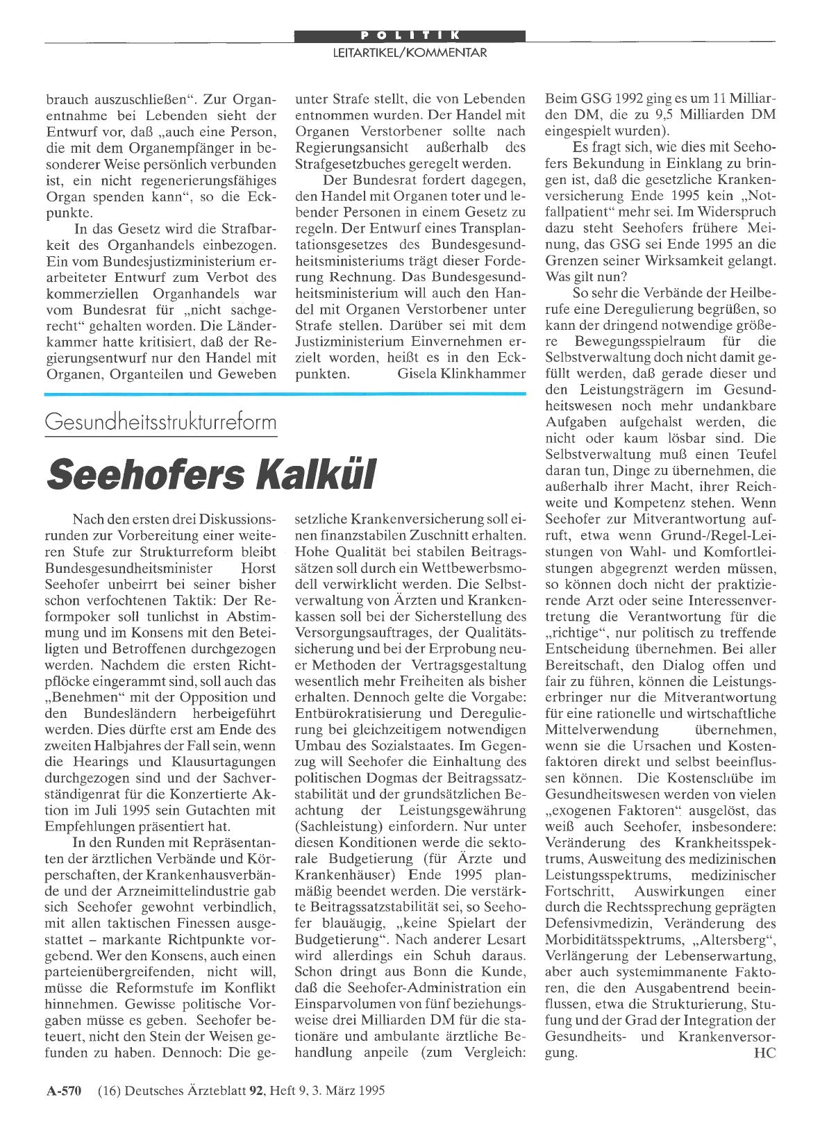 Vorschauseite 1: Gesuncheitsstrukturreform: Seehofers Kalkül