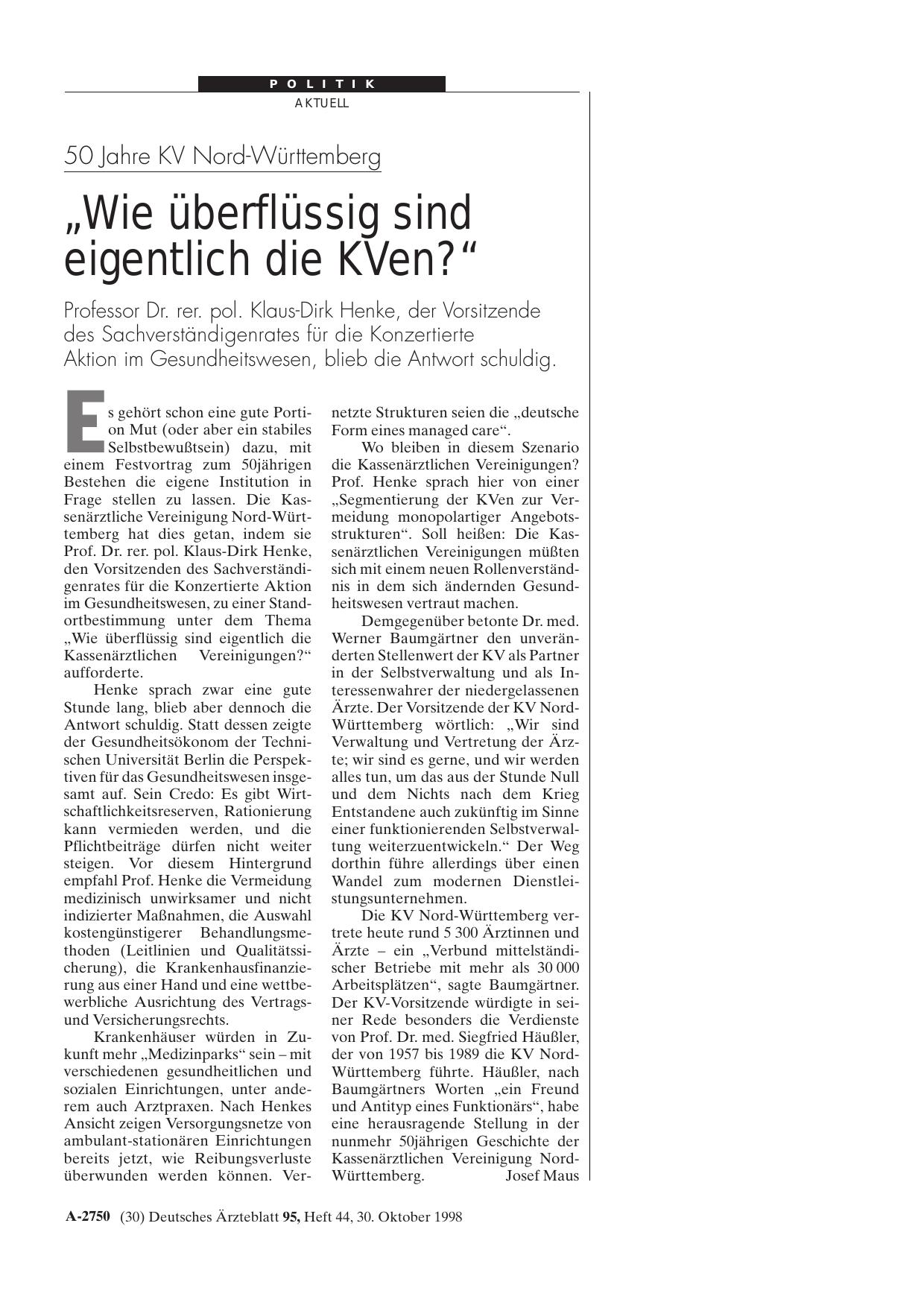 Vorschauseite 1: 50 Jahre KV Nord-Württemberg: „Wie überflüssig sind eigentlich die KVen? “