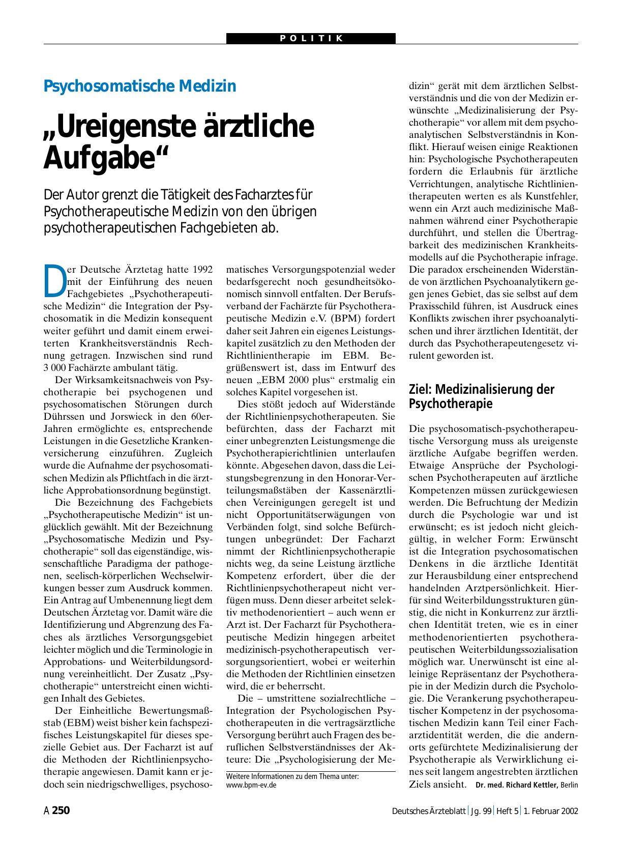 Vorschauseite 1: Psychosomatische Medizin: „Ureigenste ärztliche Aufgabe“