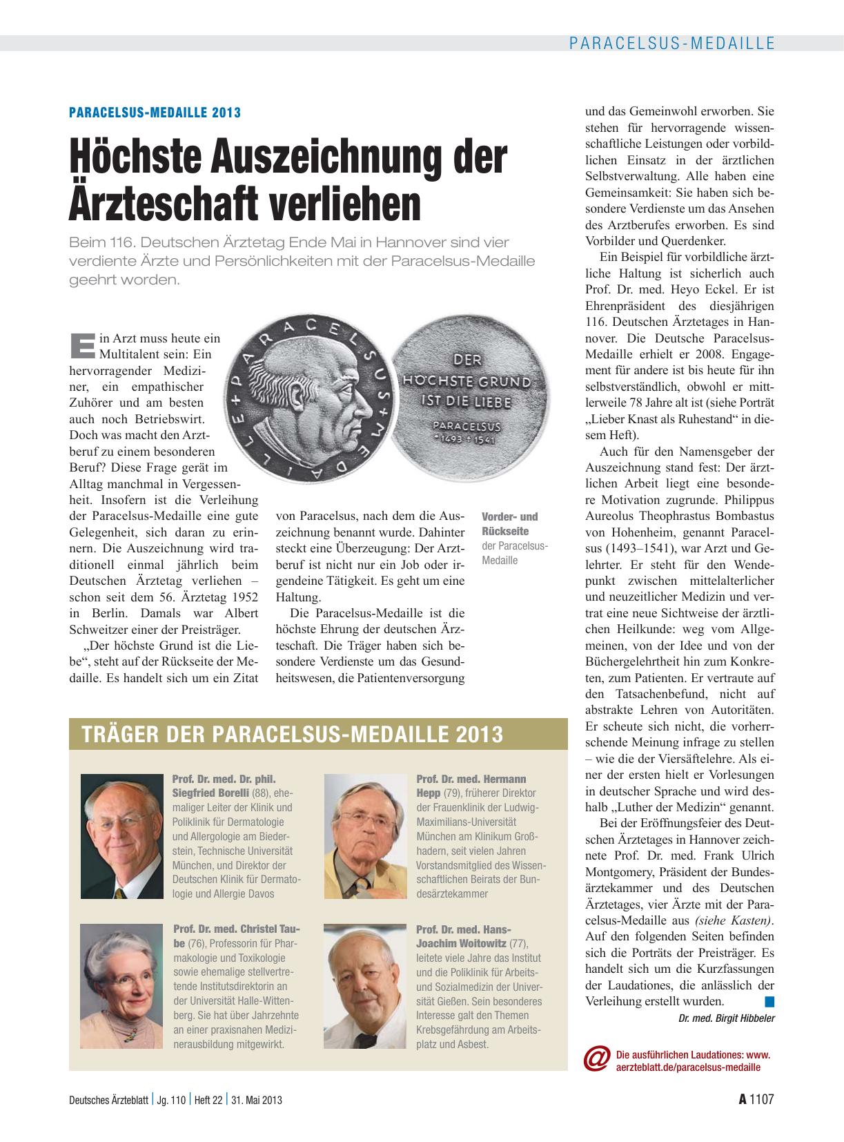 Vorschauseite 1: Paracelsus-Medaille 2013: Höchste Auszeichnung der Ärzteschaft verliehen
