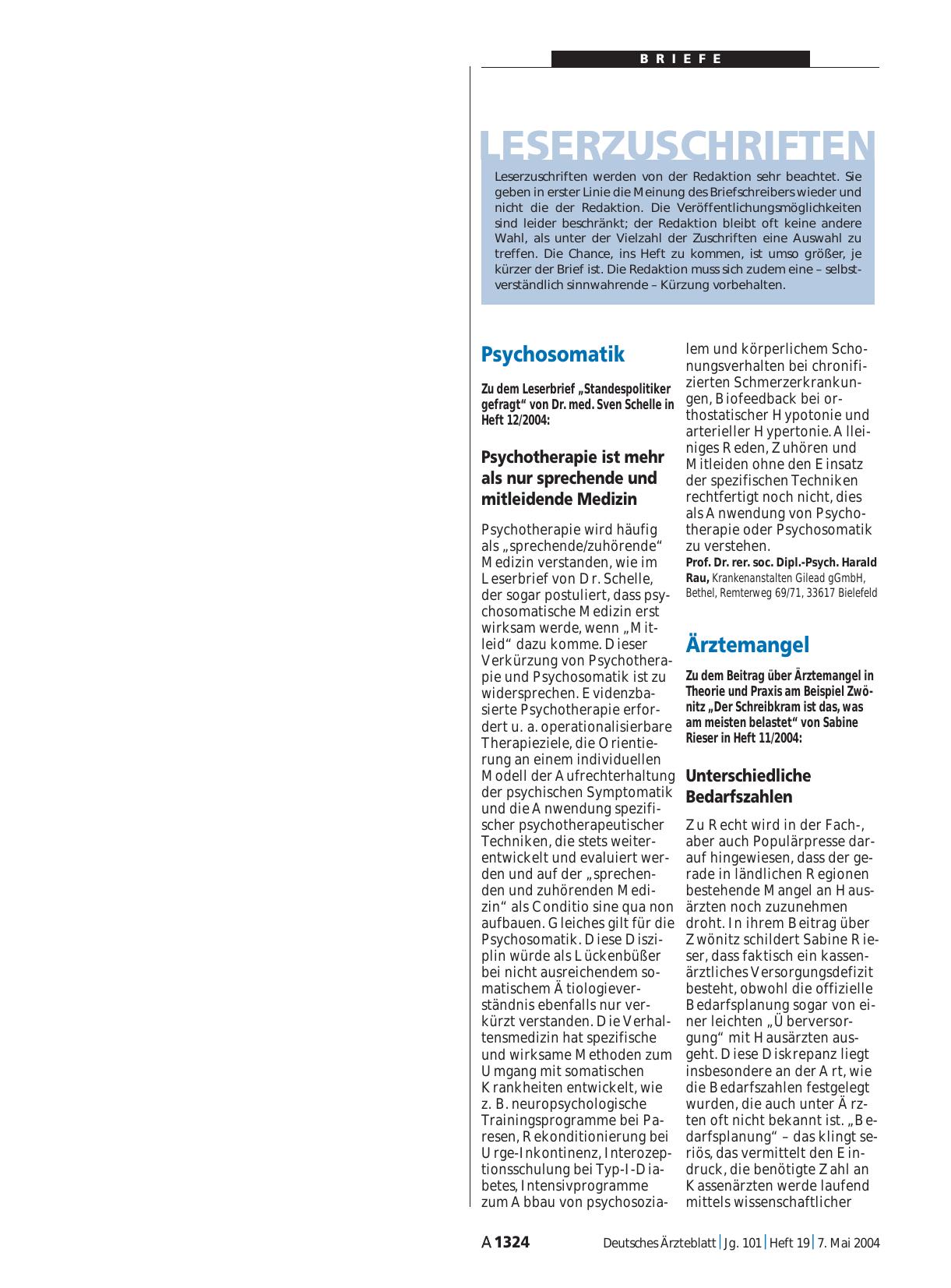Vorschauseite 1: Psychosomatik: Psychotherapie ist mehr als nur sprechende und mitleidende Medizin