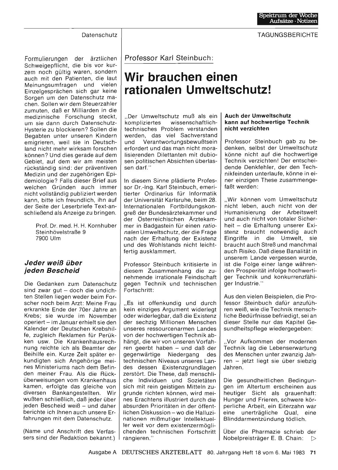 Vorschauseite 1: Professor Karl Steinbuch: Wir brauchen einen rationalen Umweltschutz!