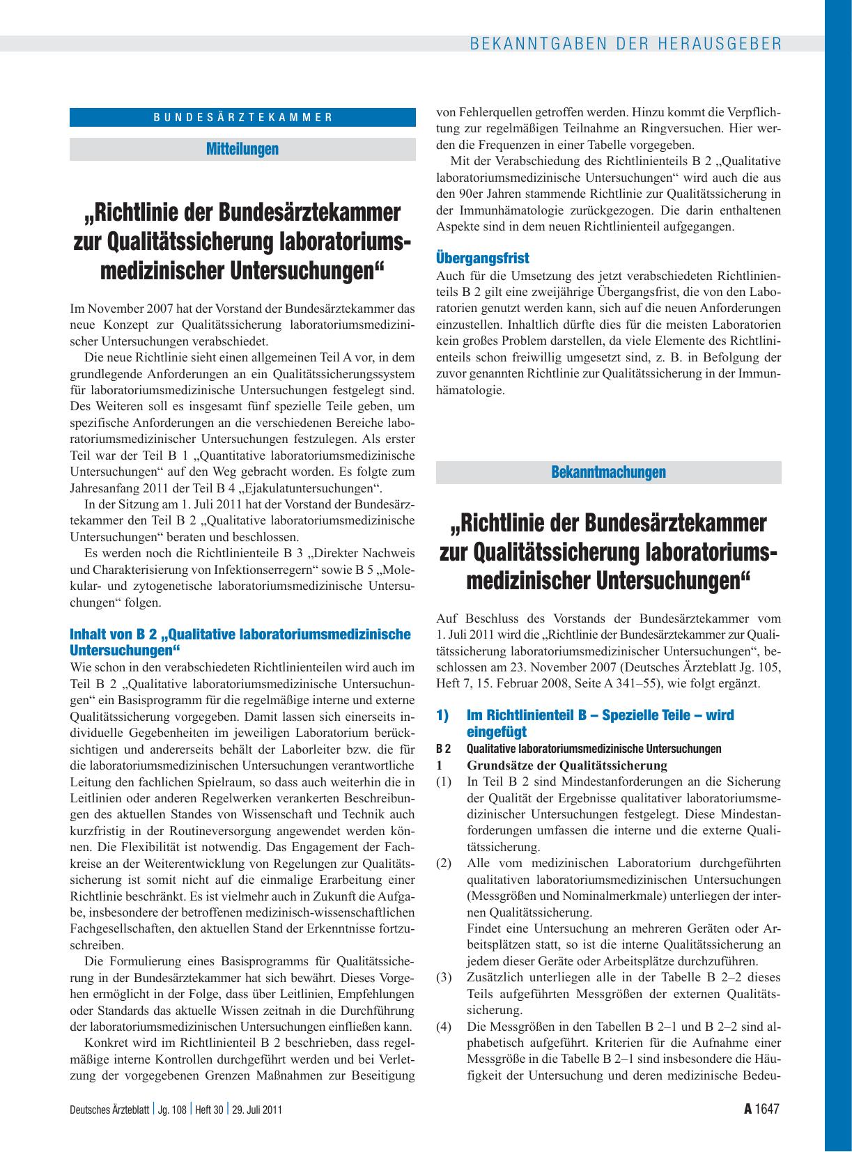 Vorschauseite 1: „Richtlinie der Bundesärztekammer zur Qualitätssicherung laboratoriumsmedizinischer Untersuchungen“