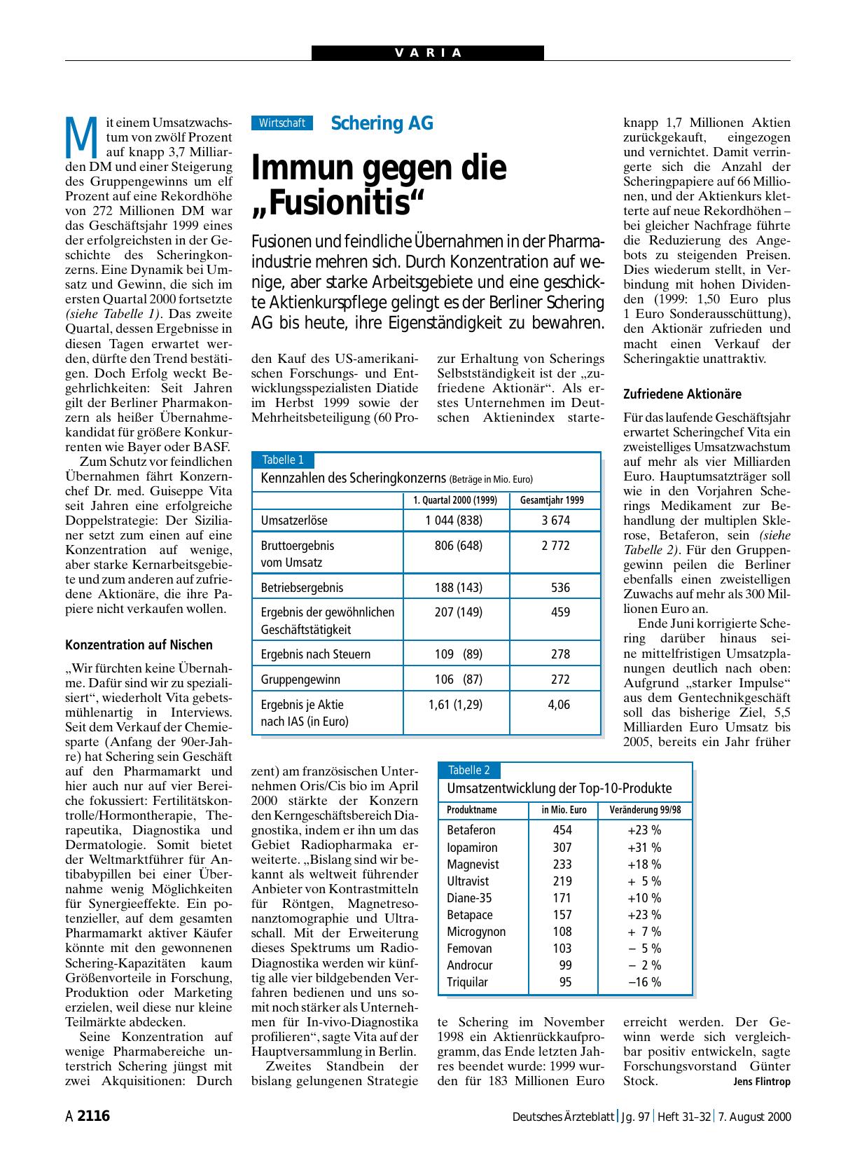 Vorschauseite 1: Schering AG: Immun gegen die „Fusionitis“