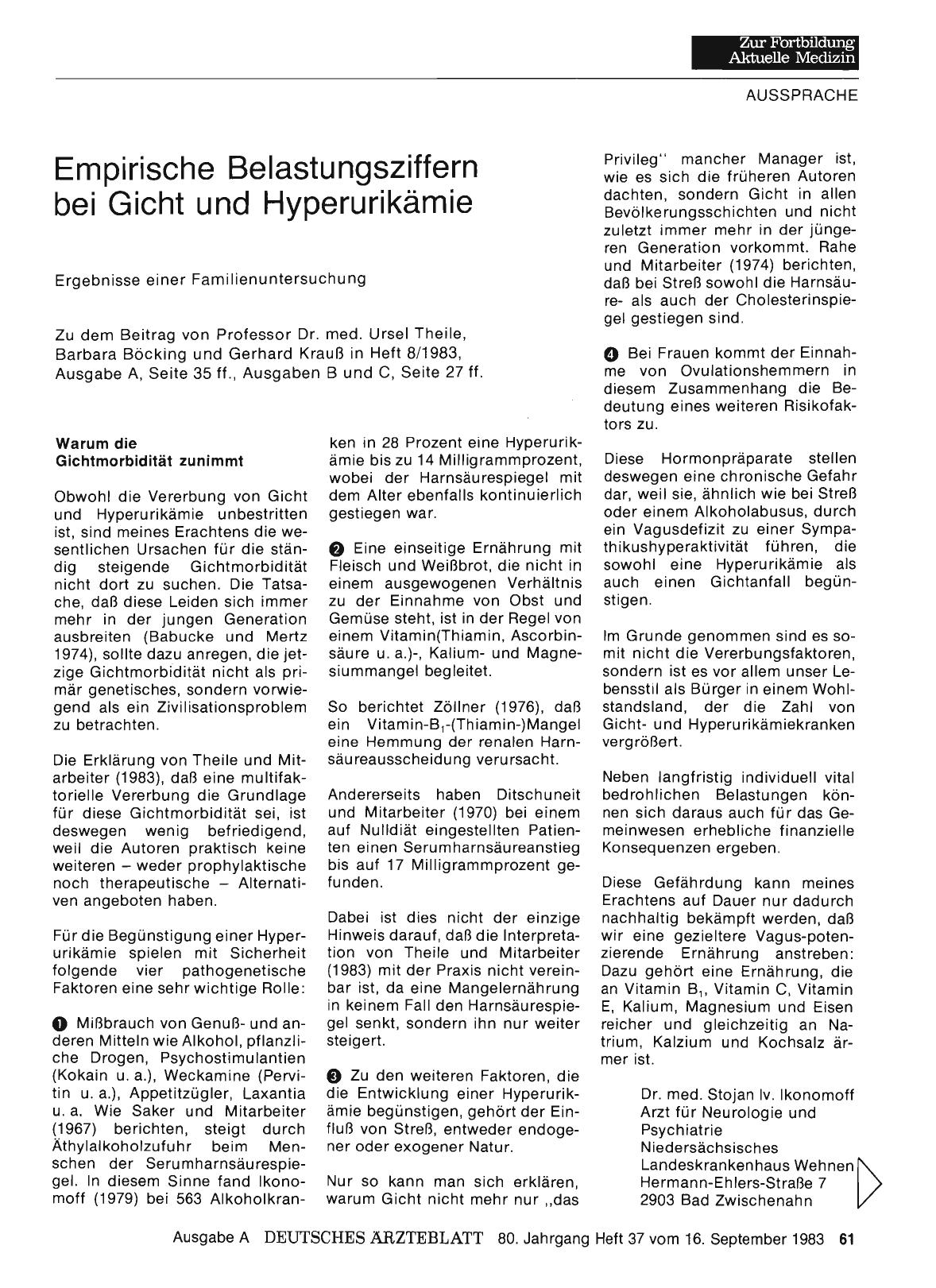 Vorschauseite 1: Empirische Belastungsziffern bei Gicht und Hyperurikämie: Ergebnisse einer Familienuntersuchung: Schlußwort