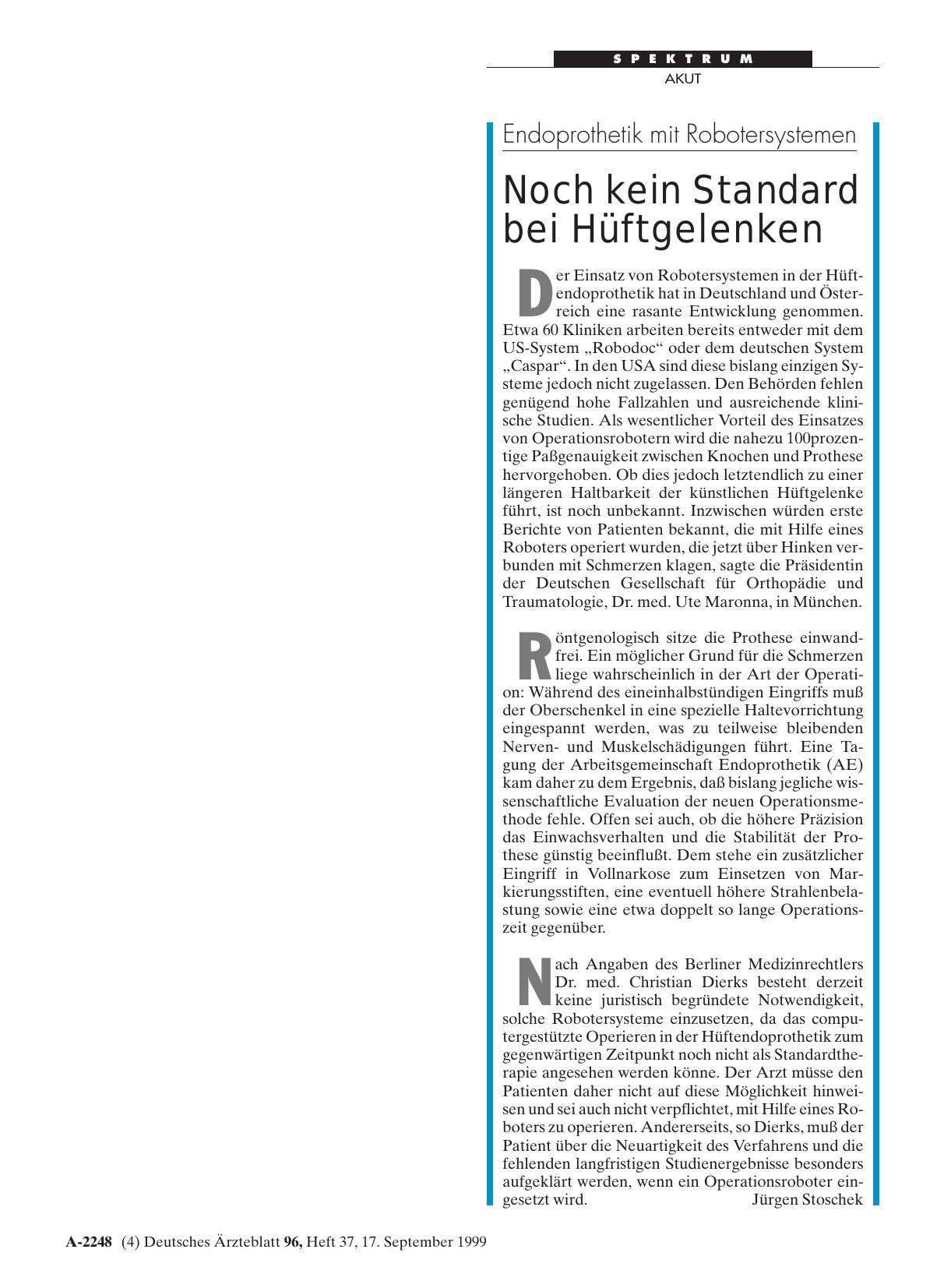 Vorschauseite 1: Endoprothetik mit Robotersystemen: Noch kein Standard bei Hüftgelenken
