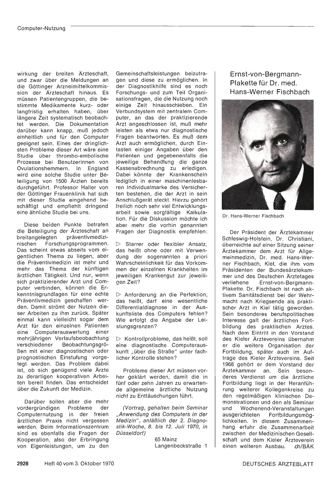 Vorschauseite 1: Ernst-von-Bergmann-Plakette für Dr. med. Hans-Werner Fischbach