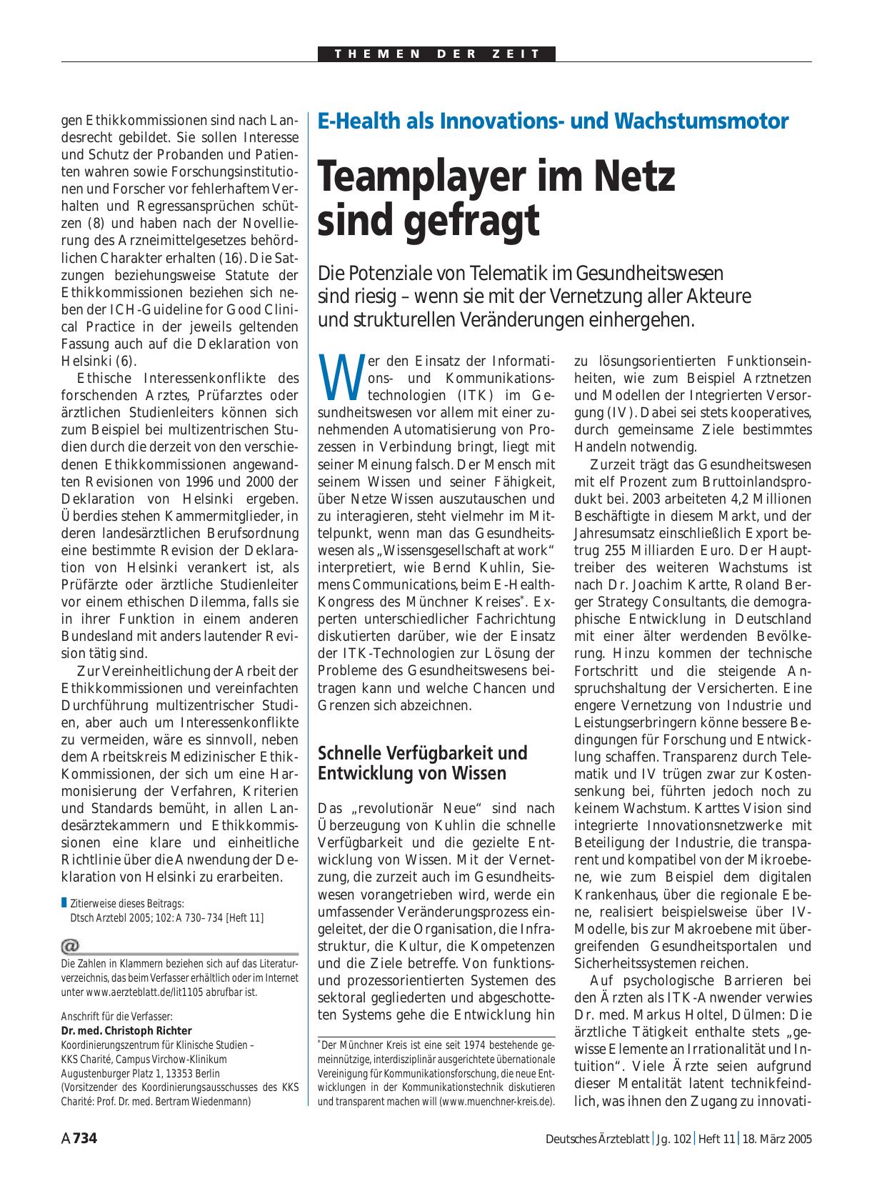 Vorschauseite 1: E-Health als Innovationsund Wachstumsmotor: Teamplayer im Netz sind gefragt