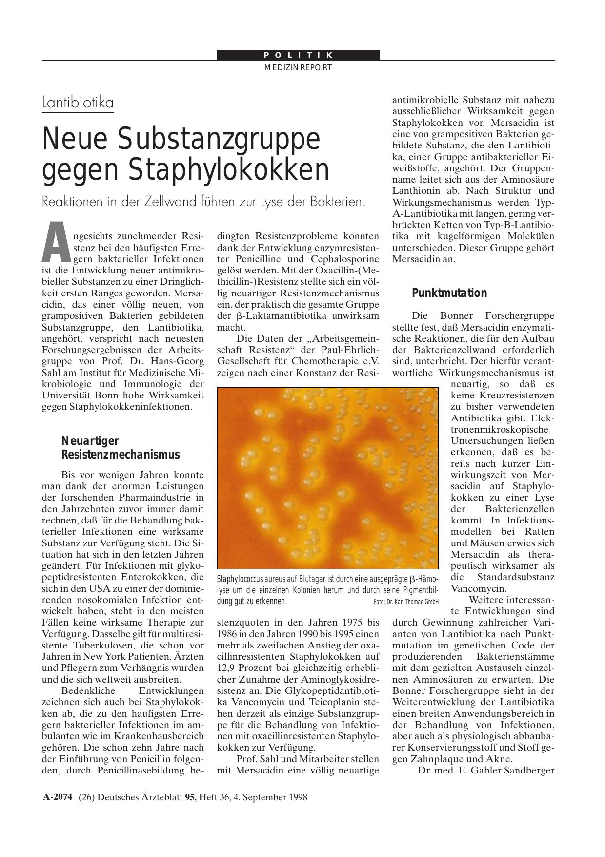 Vorschauseite 1: Lantibiotika: Neue Substanzgruppe gegen Staphylokokken