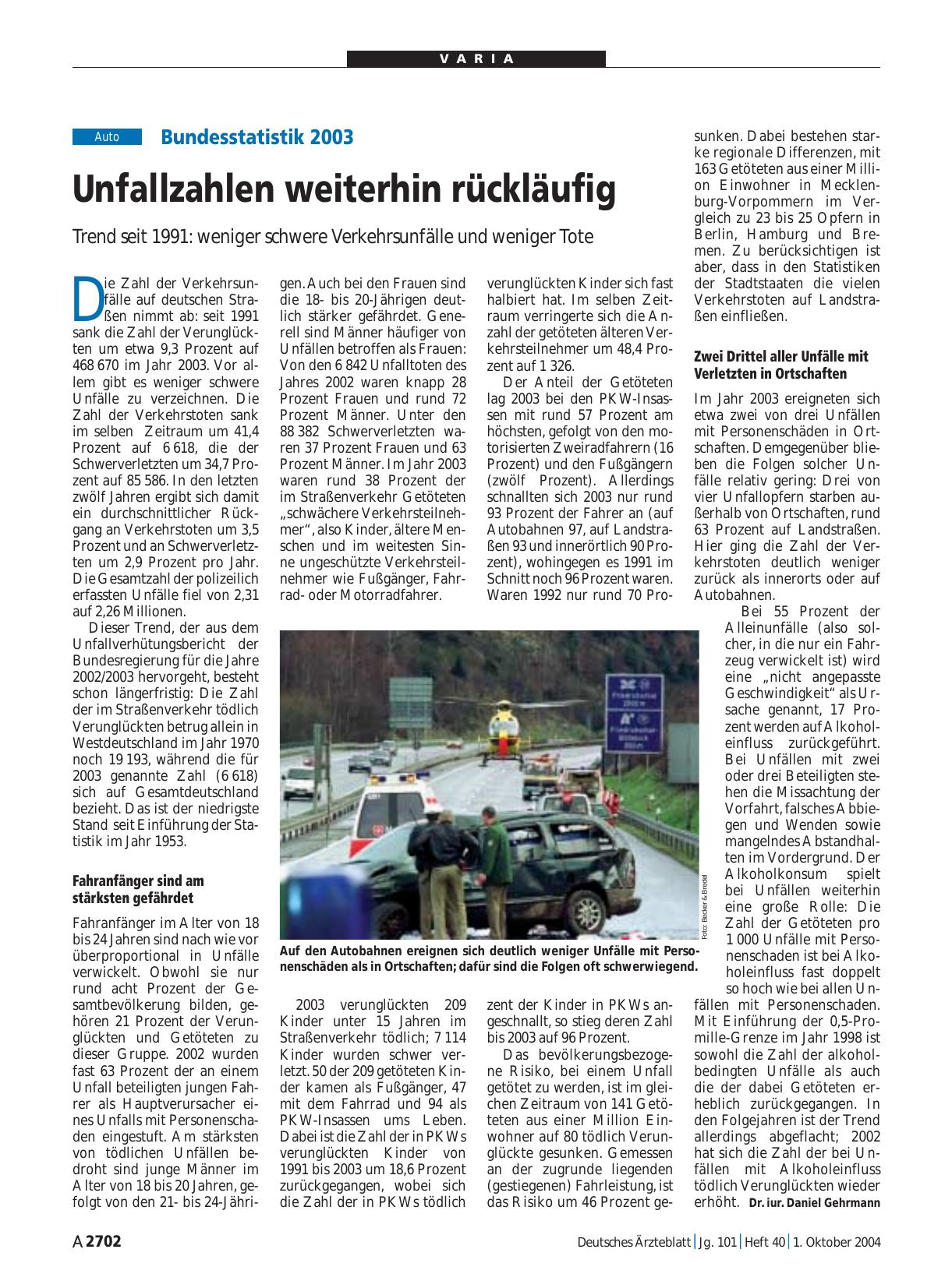 Vorschauseite 1: Bundesstatistik 2003: Unfallzahlen weiterhin rückläufig