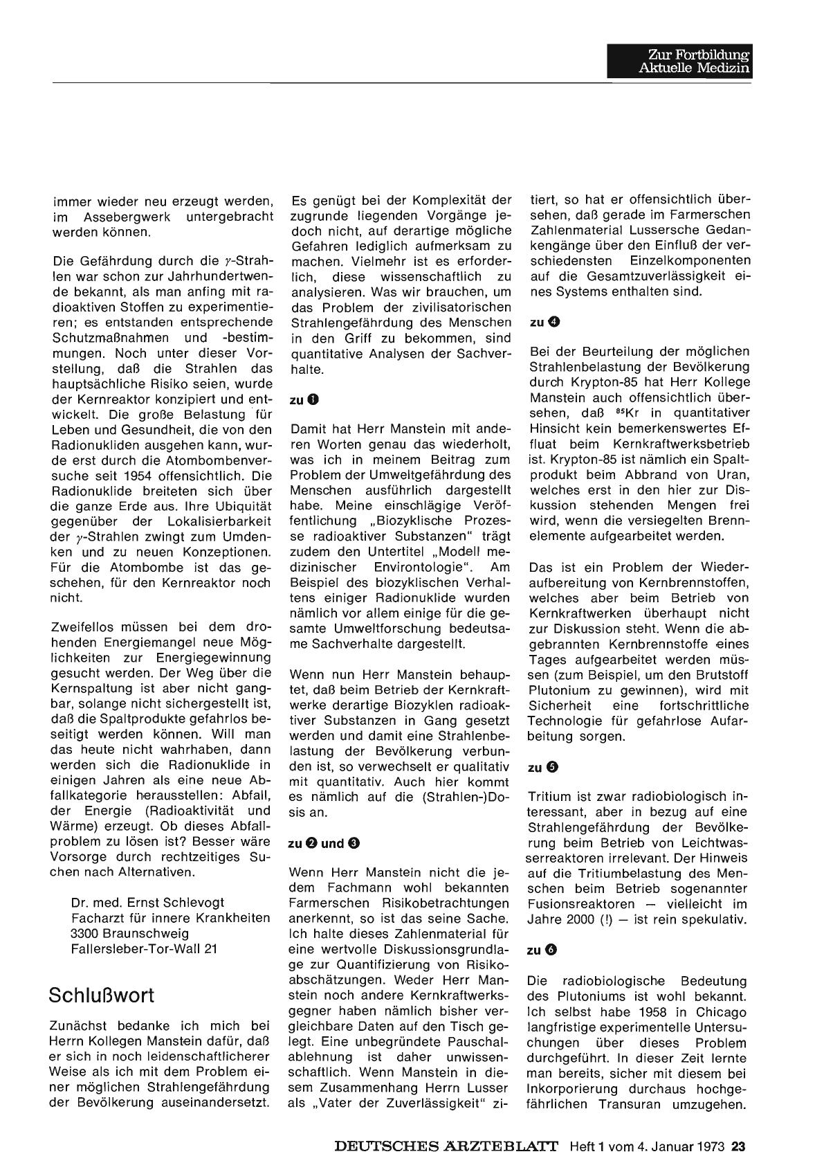 Vorschauseite 1: Das Risiko der Kernkraftwerke: Schlußwort