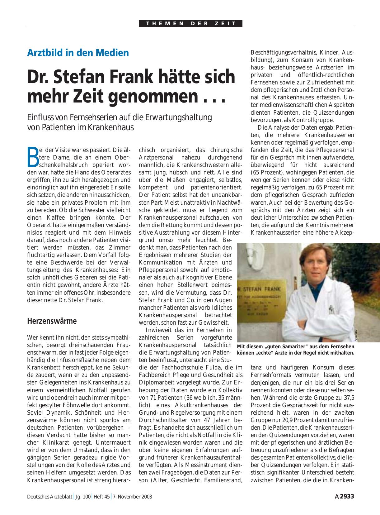 Vorschauseite 1: Arztbild in den Medien: Dr. Stefan Frank hätte sich mehr Zeit genommen. ..
