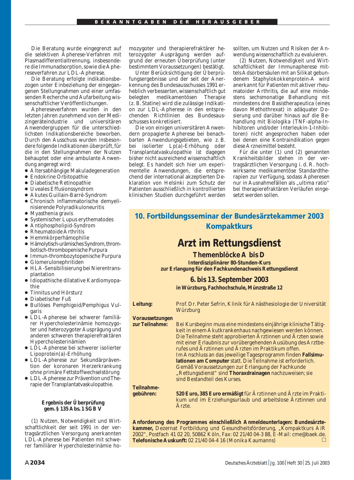 Vorschauseite 1: 10. Fortbildungsseminar der Bundesärztekammer 2003 Kompaktkurs: Arzt im Rettungsdienst