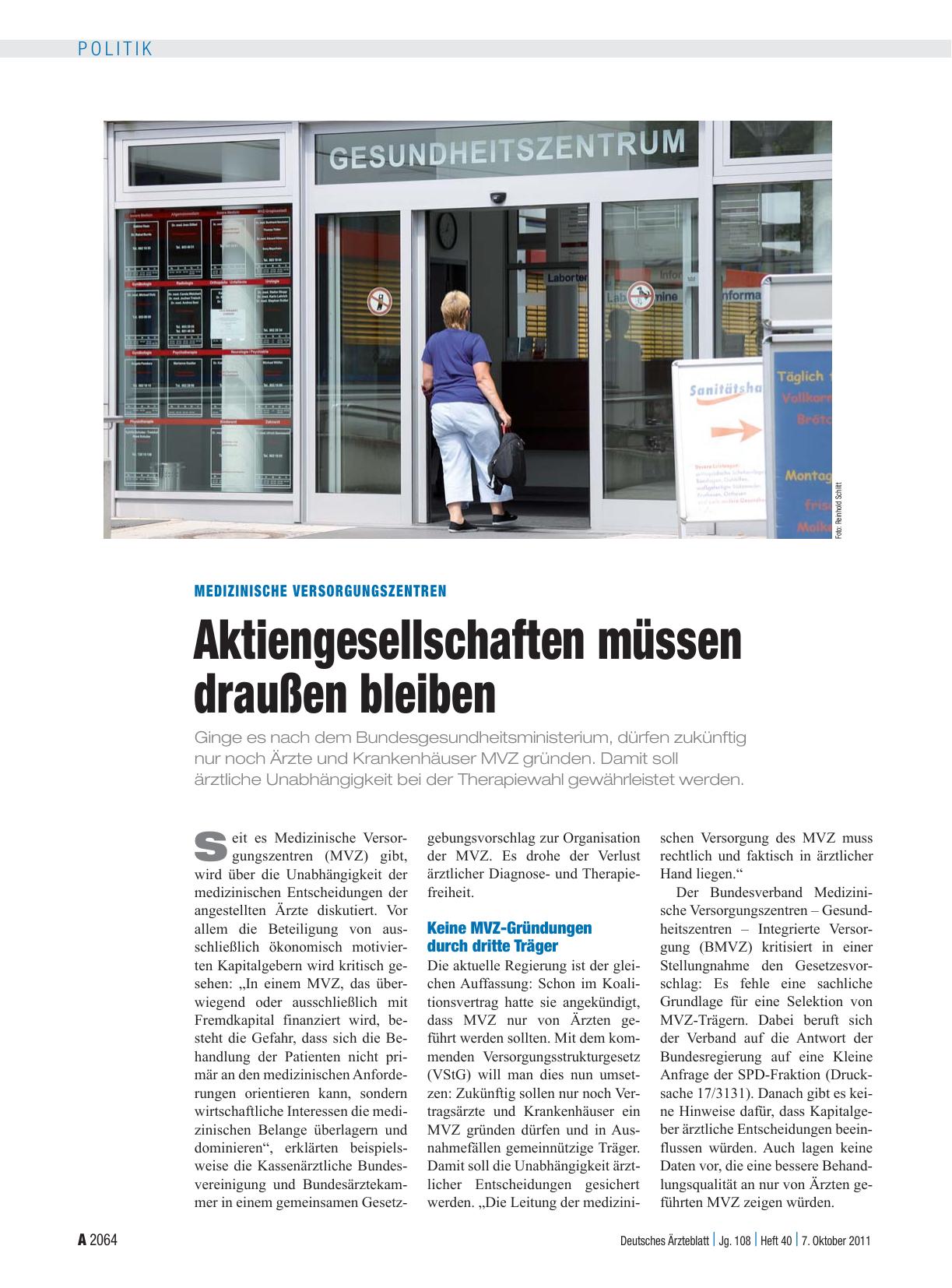 Vorschauseite 1: Medizinische Versorgungszentren: Aktiengesellschaften müssen draußen bleiben