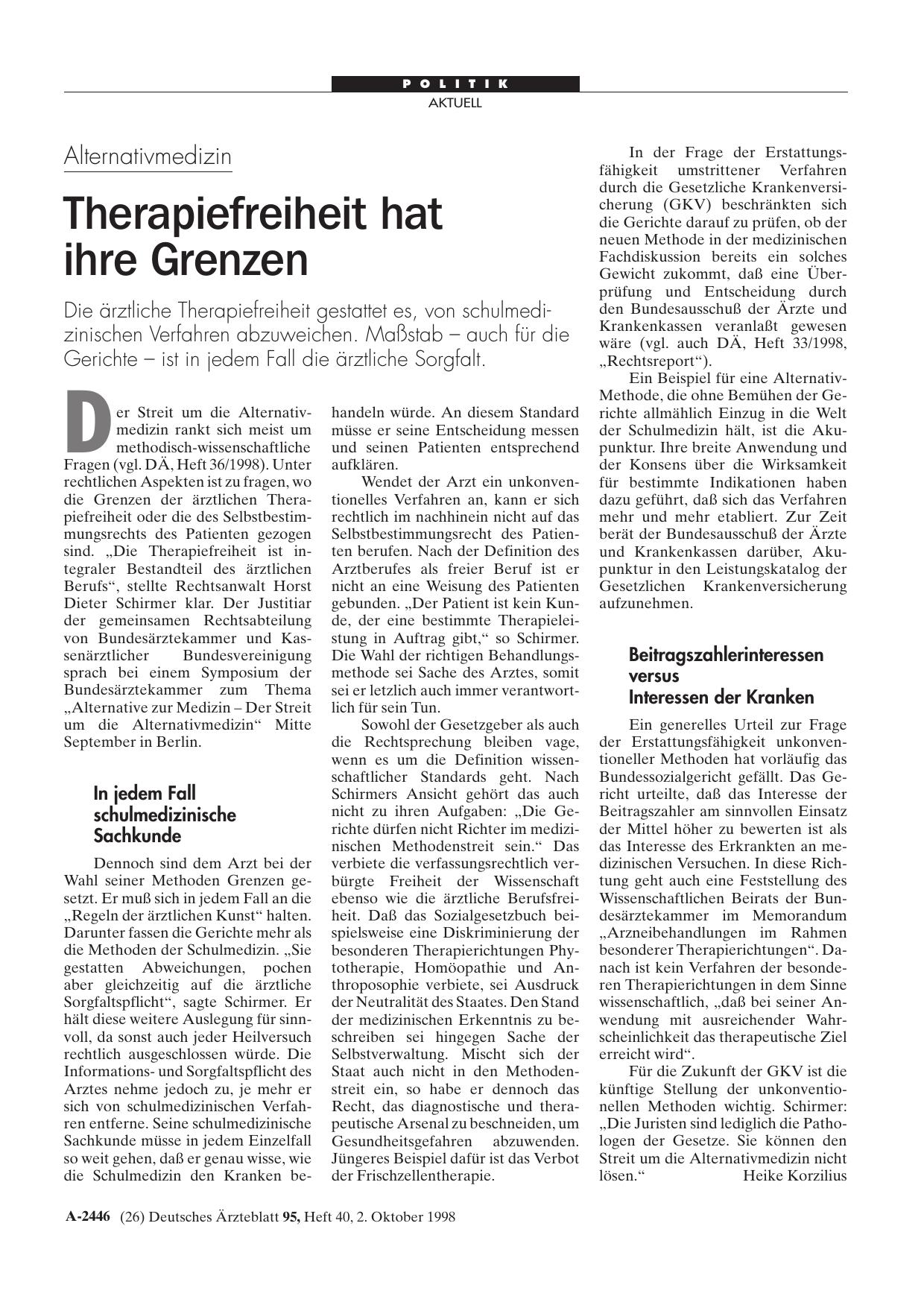 Vorschauseite 1: Alternativmedizin: Therapiefreiheit hat ihre Grenzen