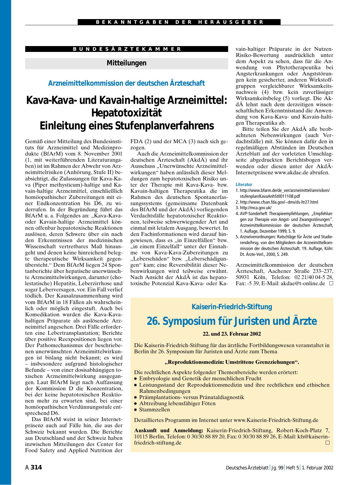 Vorschauseite 1: Arzneimittelkommission der deutschen Ärzteschaft – Kava-Kavaund Kavain-haltige Arzneimittel: Hepatotoxizität Einleitung eines Stufenplanverfahrens