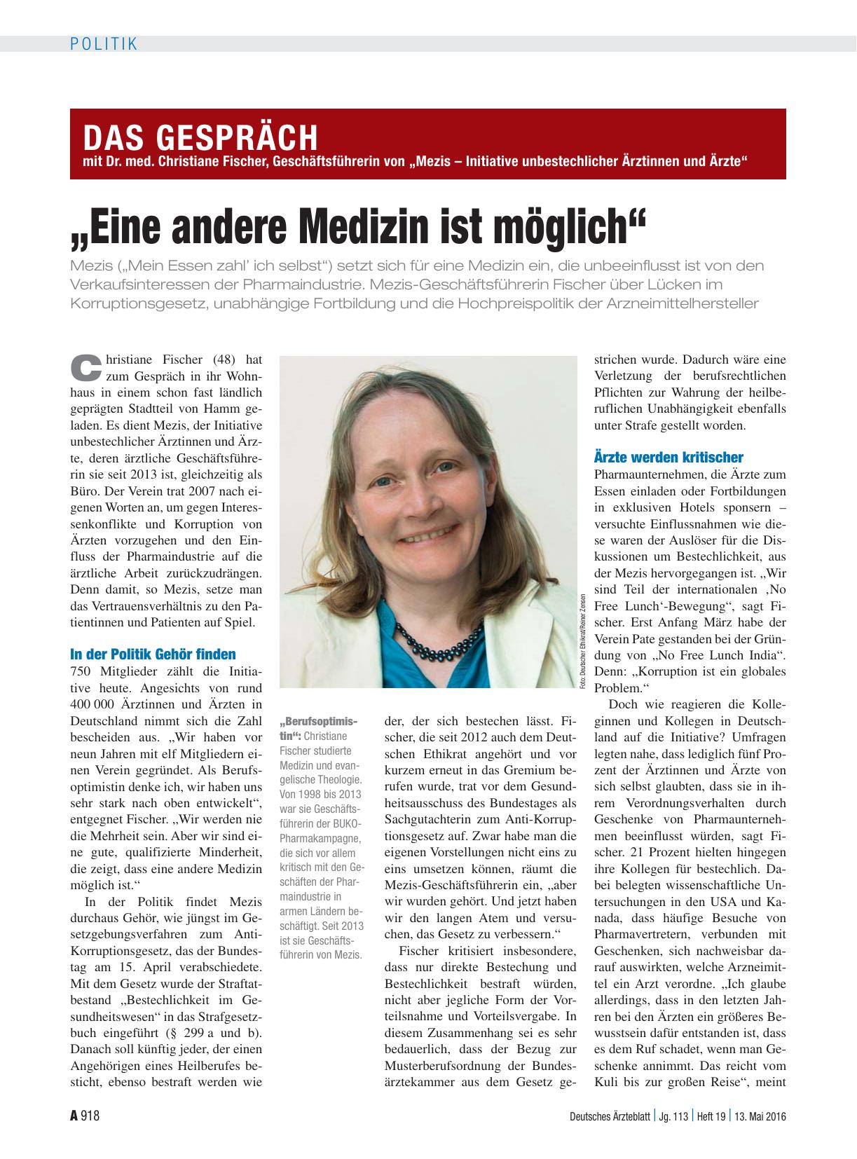 Vorschauseite 1: Das Gespräch mit Dr. med. Christiane Fischer, Geschäftsführerin von „Mezis – Initiative unbestechlicher Ärztinnen und Ärzte“ „Eine andere Medizin ist möglich“