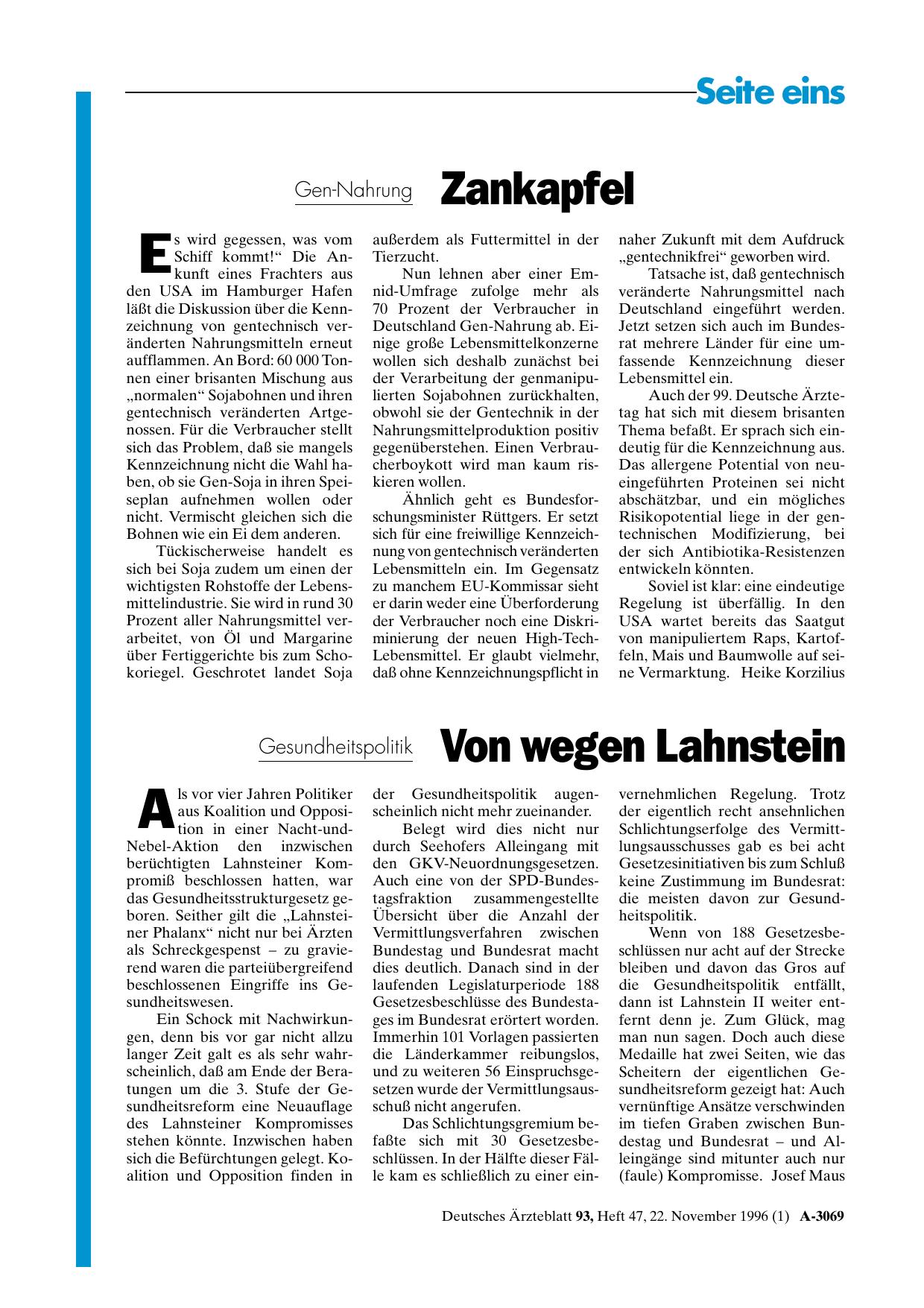 Vorschauseite 1: Gesundheitspolitik: Von wegen Lahnstein
