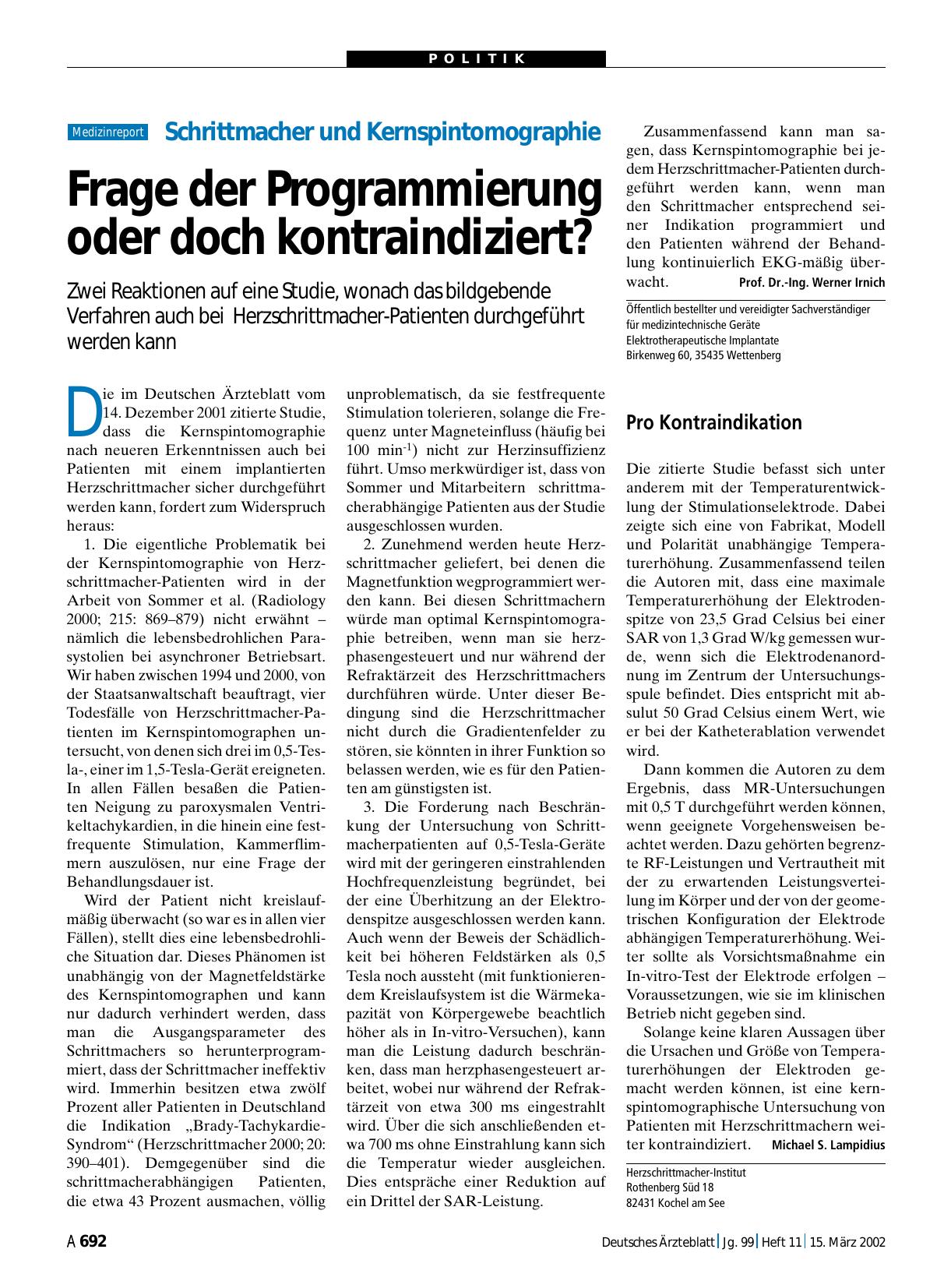 Vorschauseite 1: Schrittmacher und Kernspintomographie: Frage der Programmierung oder doch kontraindiziert?