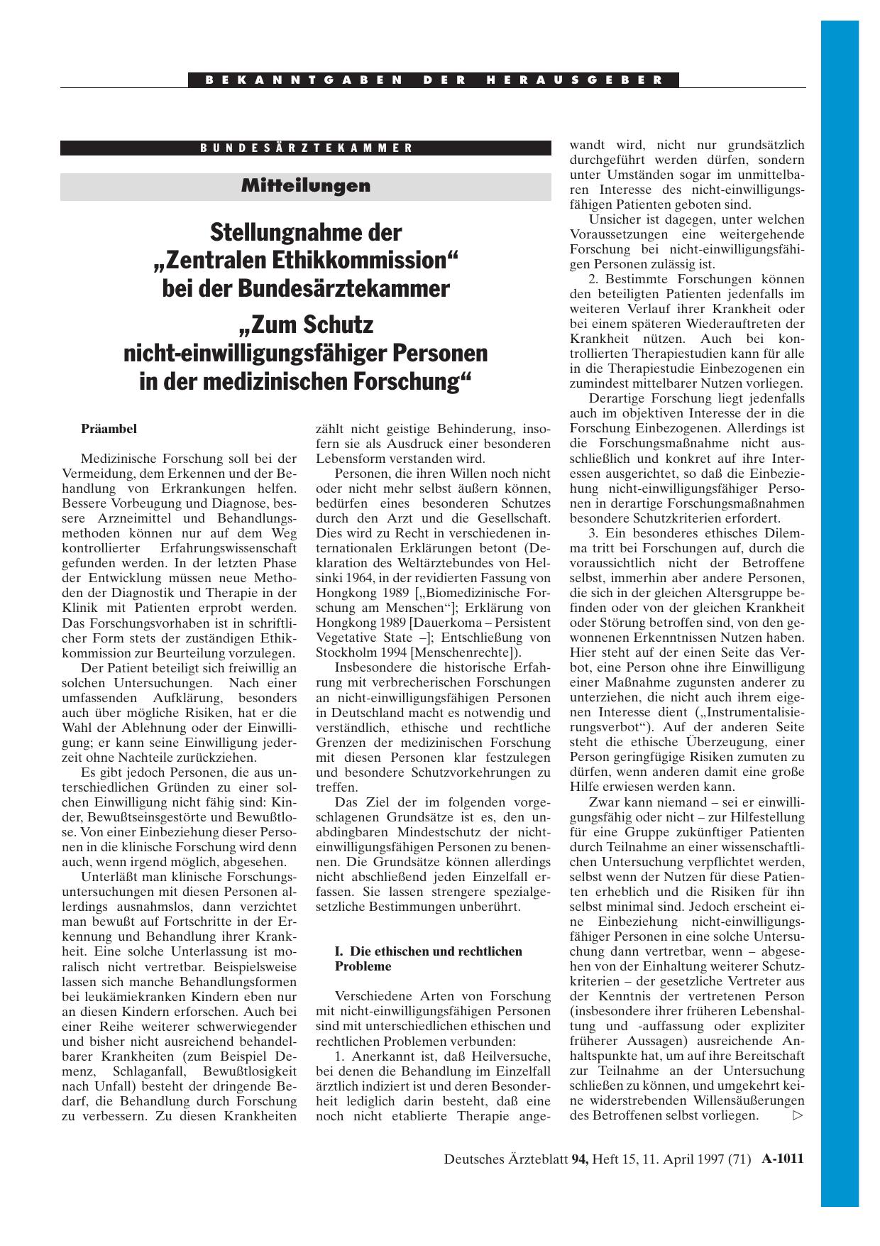 Vorschauseite 1: Mitteilungen: Stellungnahme der „Zentralen Ethikkommission“ bei der Bundesärztekammer „Zum Schutz nichteinwilligungsfähiger Personen in der medizinischen Forschung“