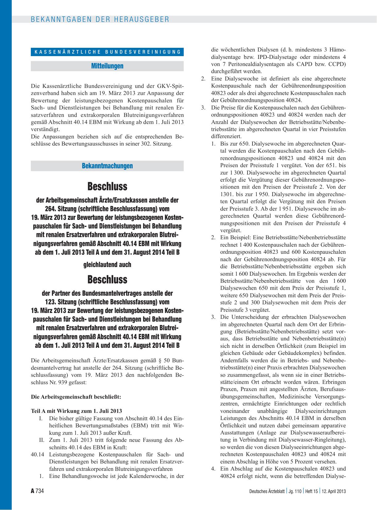 Vorschauseite 1: Beschluss der Arbeitsgemeinschaft Ärzte/Ersatzkassen anstelle der 264. Sitzung (schriftliche Beschlussfassung) vom 19. März 2013 zur Bewertung der leistungsbezogenen Kosten pausch…