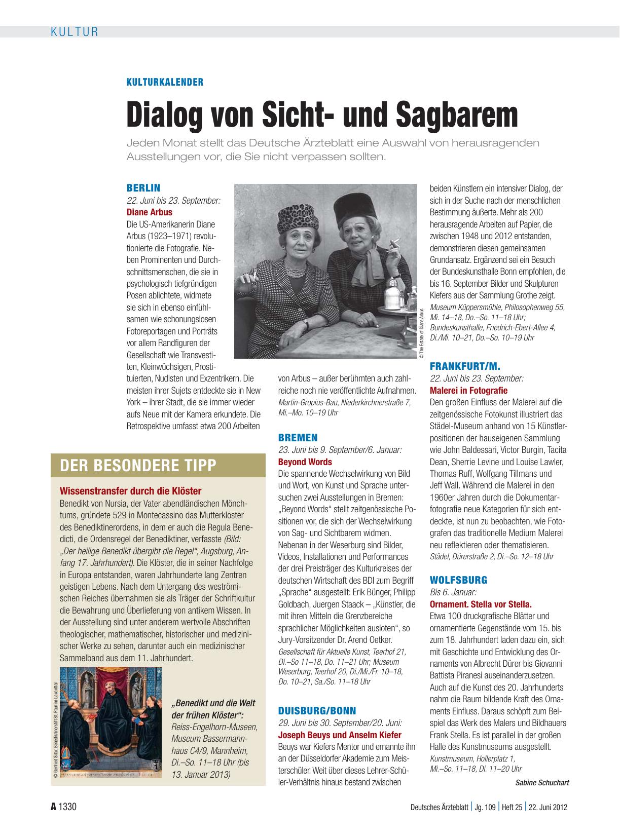 Vorschauseite 1: Kulturkalender: Dialog von Sichtund Sagbarem