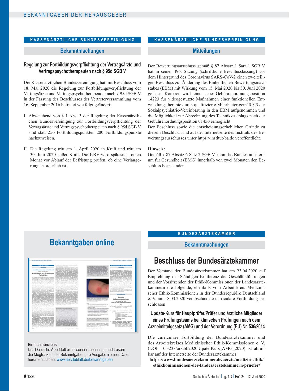 Vorschauseite 1: Beschluss der Bundesärztekammer Update-Kurs für Hauptprüfer/Prüfer und ärztliche Mitglieder eines Prüfungsteams bei klinischen Prüfungen nach dem Arzneimittelgesetz (AMG) und der…