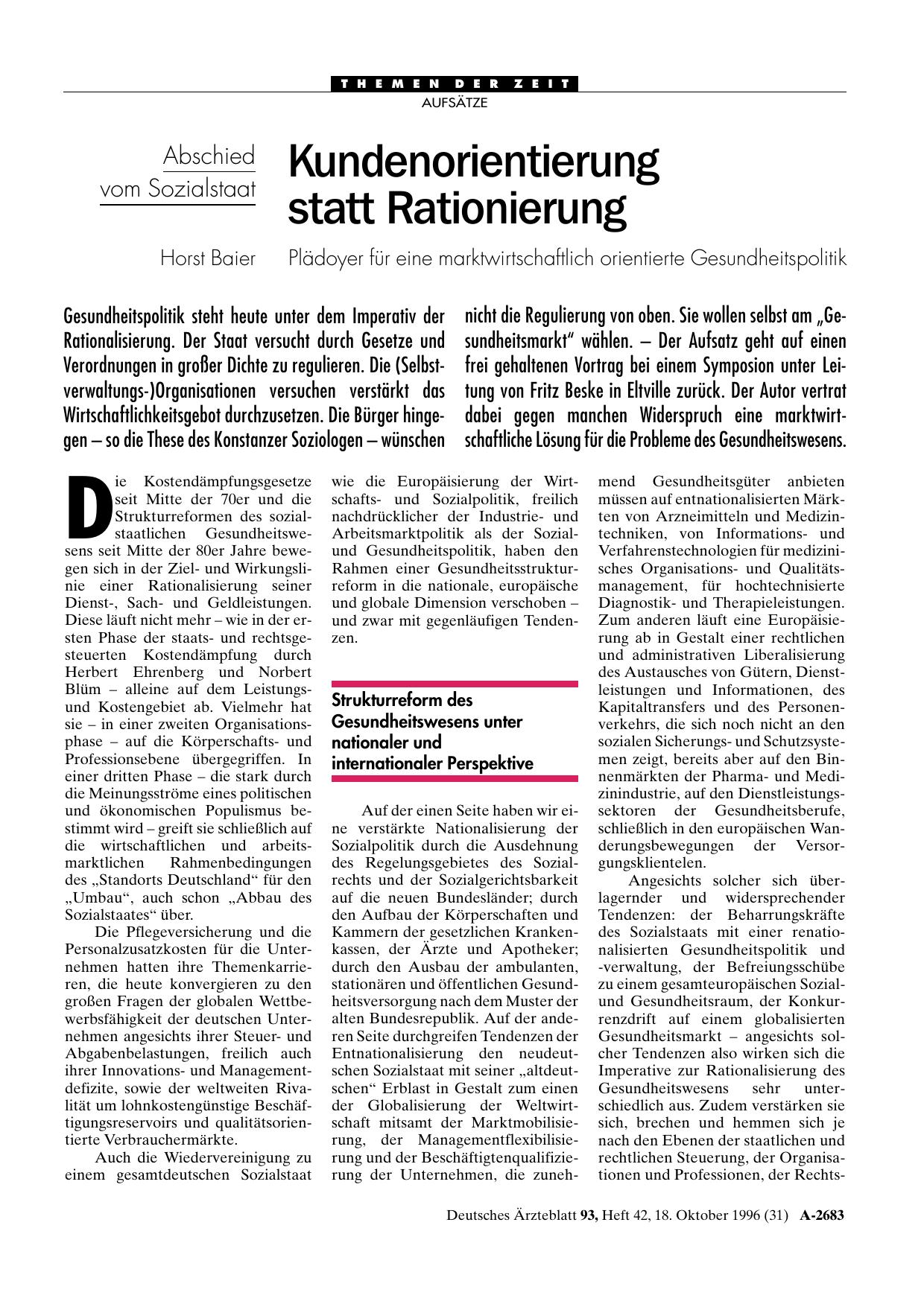 Vorschauseite 1: Abschied vom Sozialstaat: Kundenorientierung statt Rationierung Plädoyer für eine marktwirtschaftlich orientierte Gesundheitspolitik