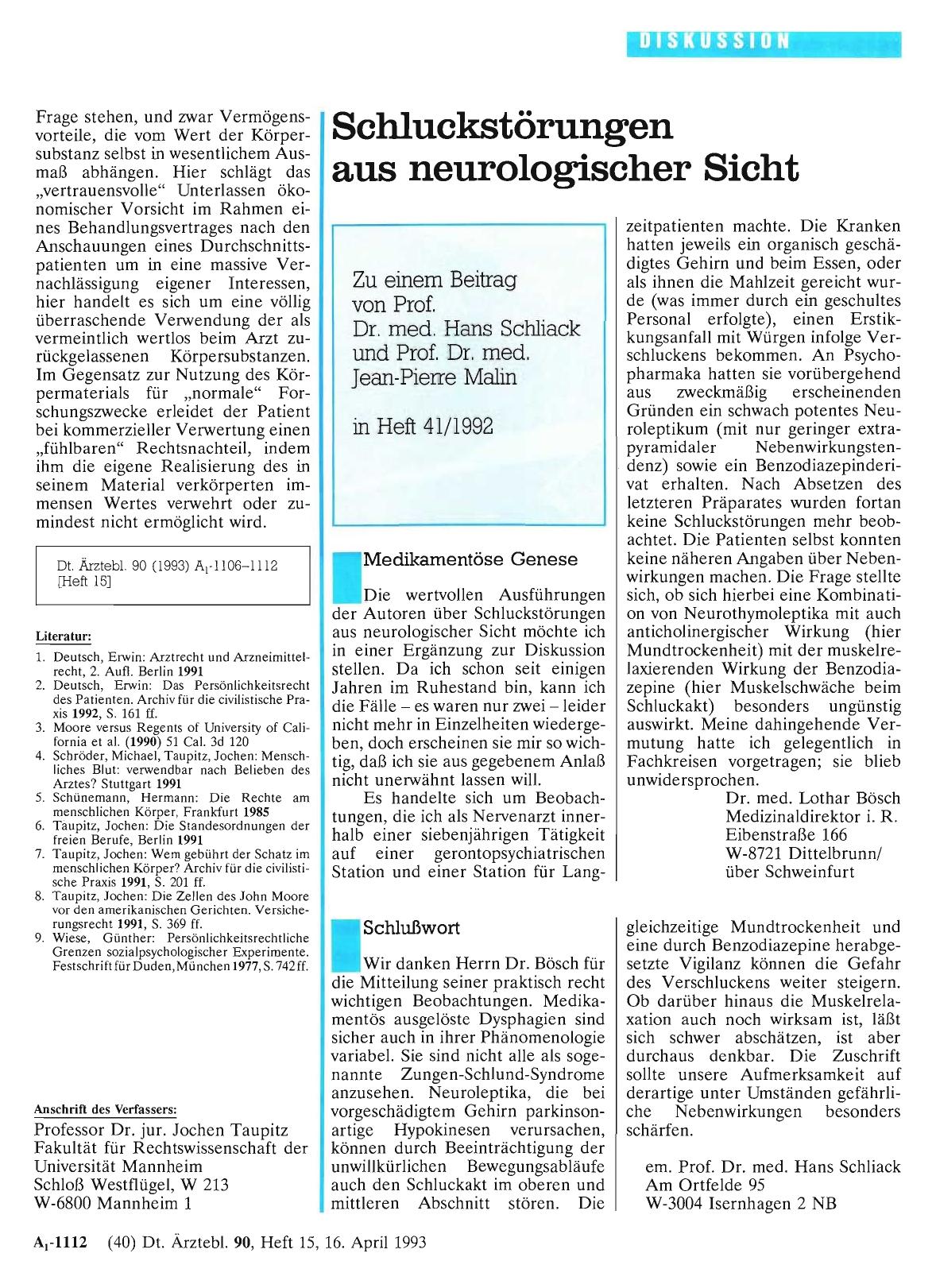 Vorschauseite 1: Schluckstörungen aus neurologischer Sicht: Schlußwort