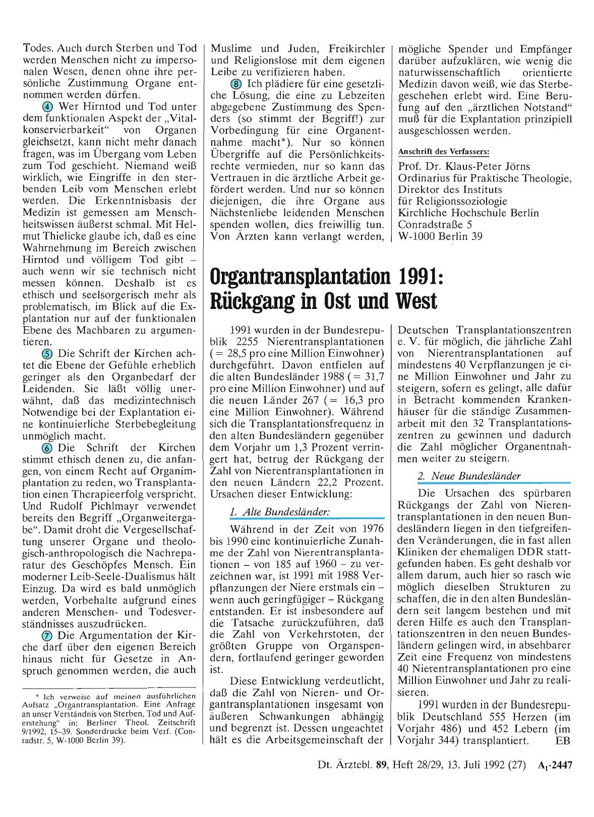 Vorschauseite 1: Organtransplantation 1991: Rückgang in Ost und West