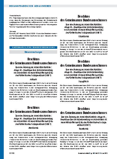 Vorschauseite 1: Beschluss des Gemeinsamen Bundesausschusses über eine Änderung der Arzneimittel-Richtlinie: Anlage XII – Amikacin