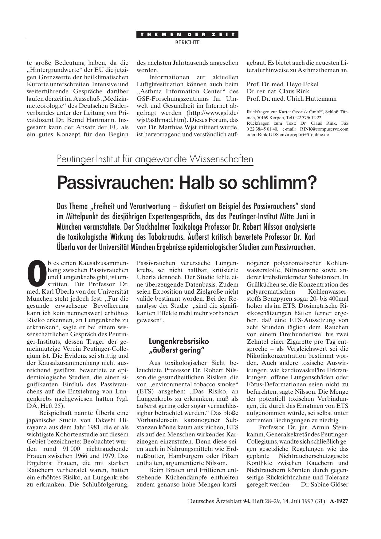 Vorschauseite 1: Peutinger-Institut für angewandte Wissenschaften – Passivrauchen: Halb so schlimm?