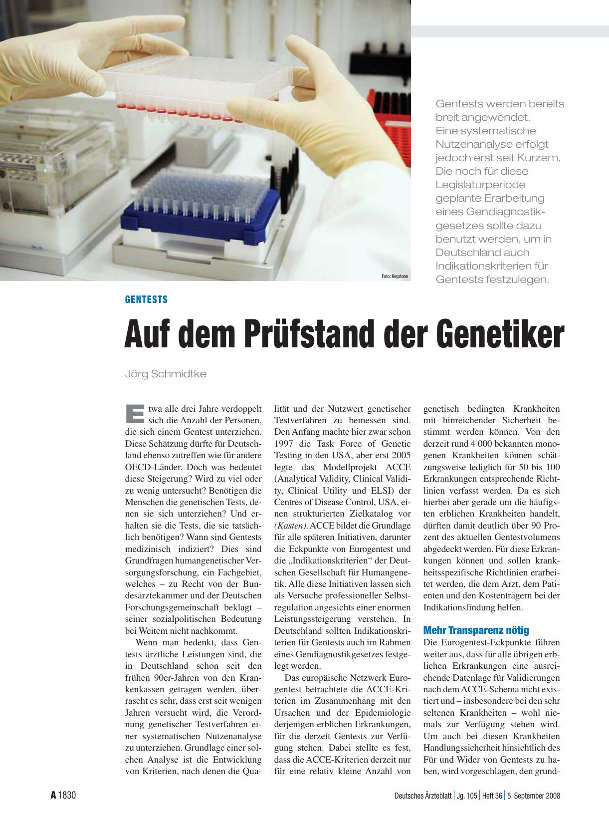 Vorschauseite 1: Gentests: Auf dem Prüfstand der Genetiker
