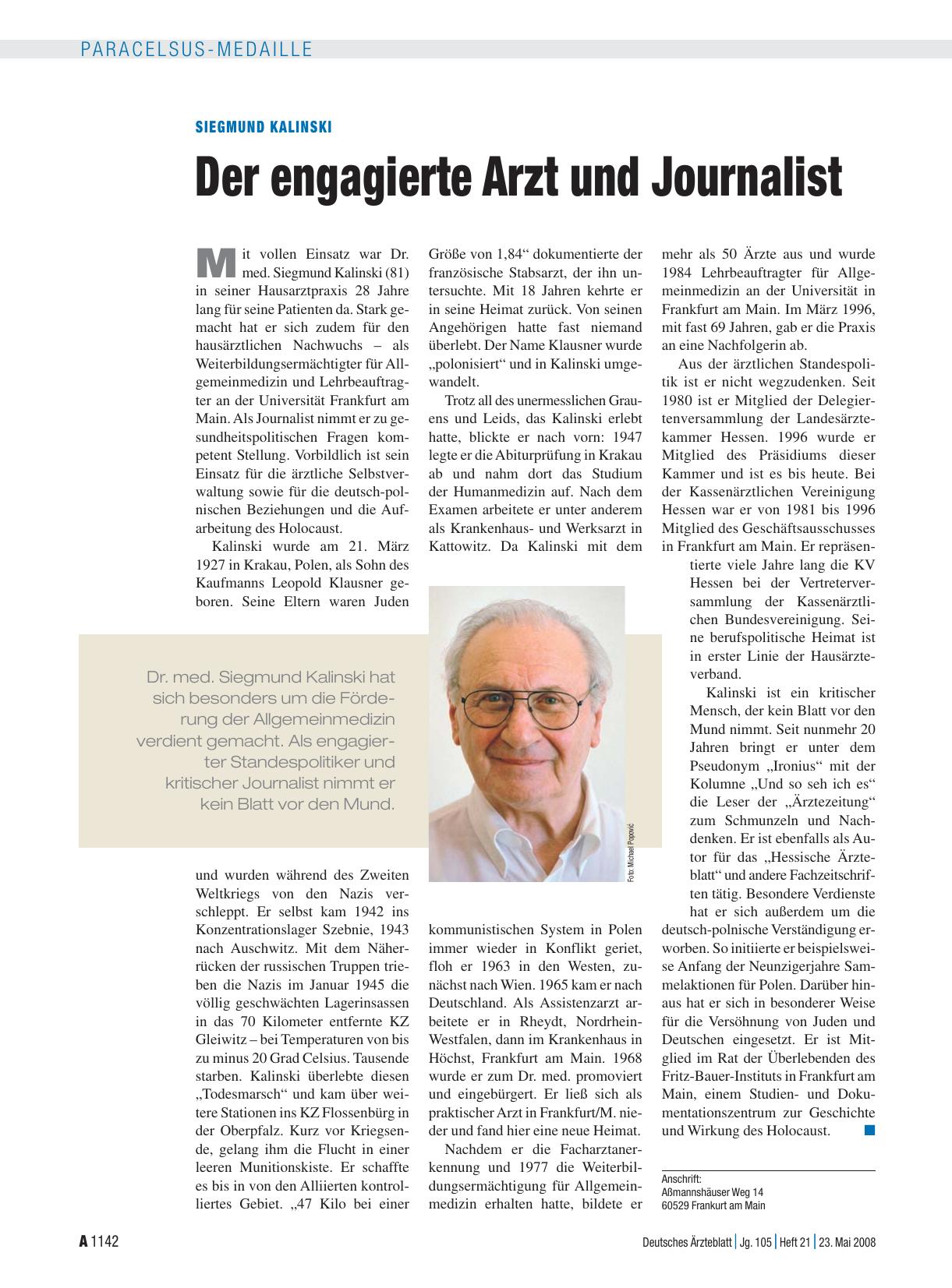 Vorschauseite 1: Siegmund Kalinski: Der engagierte Arzt und Journalist