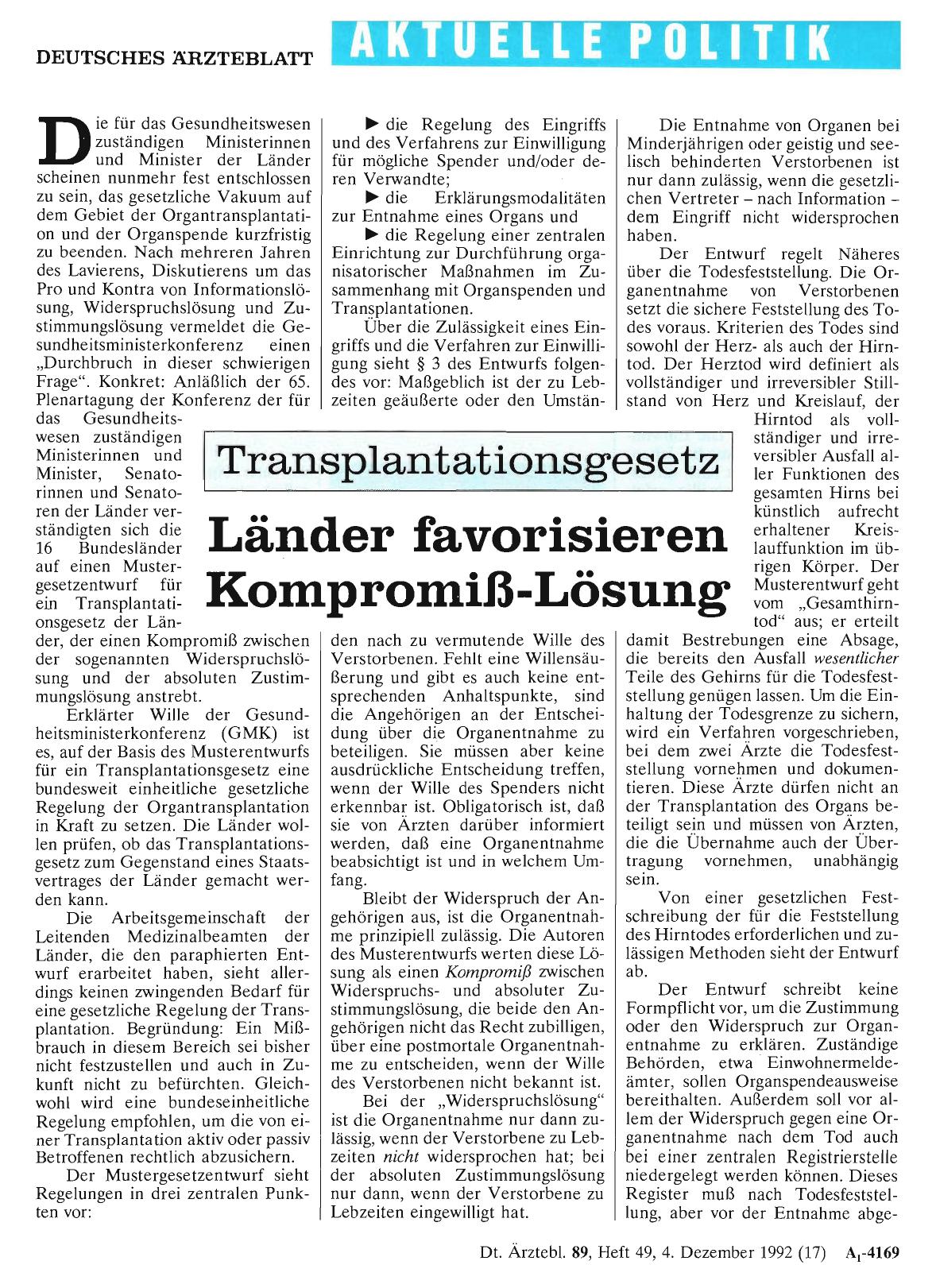 Vorschauseite 1: Transplantationsgesetz: Länder favorisieren Kompromiß-Lösung