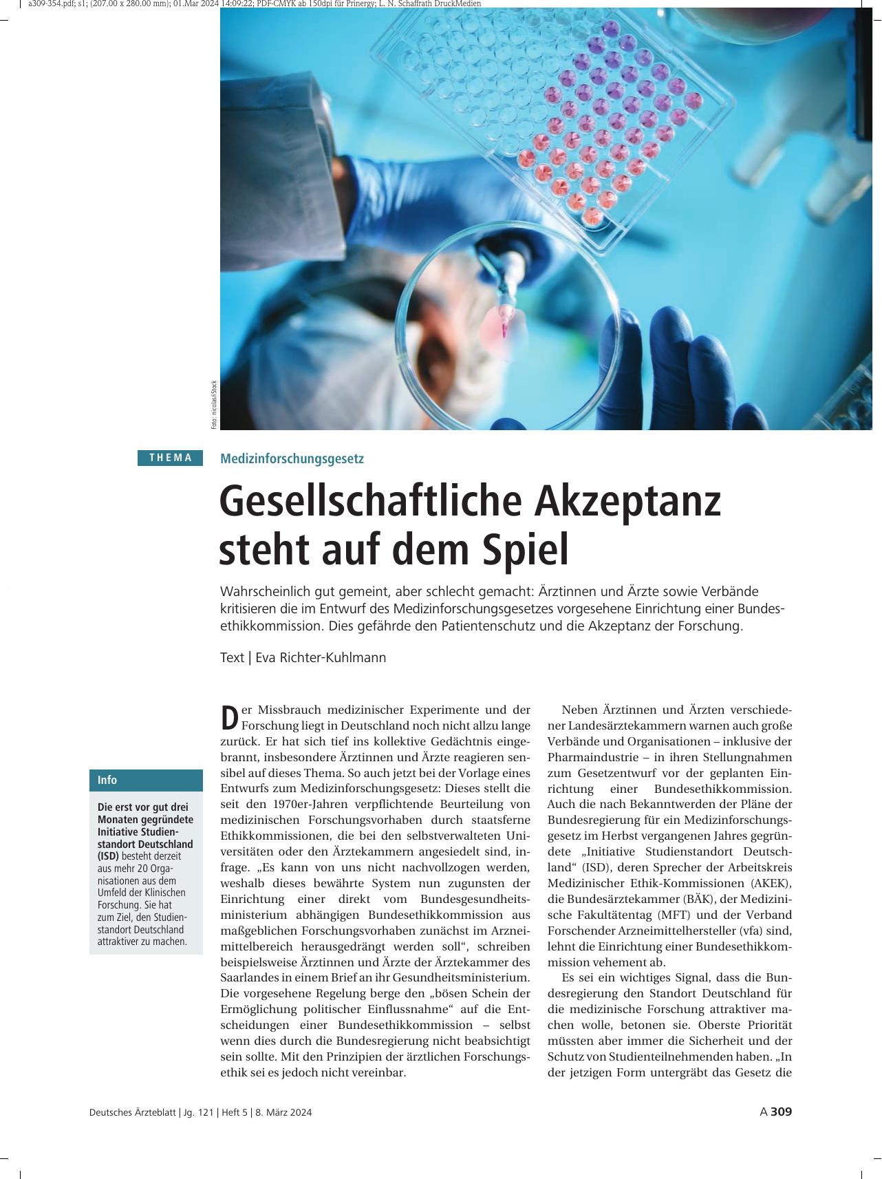 Vorschauseite 1: Medizinforschungsgesetz: Gesellschaftliche Akzeptanz steht auf dem Spiel