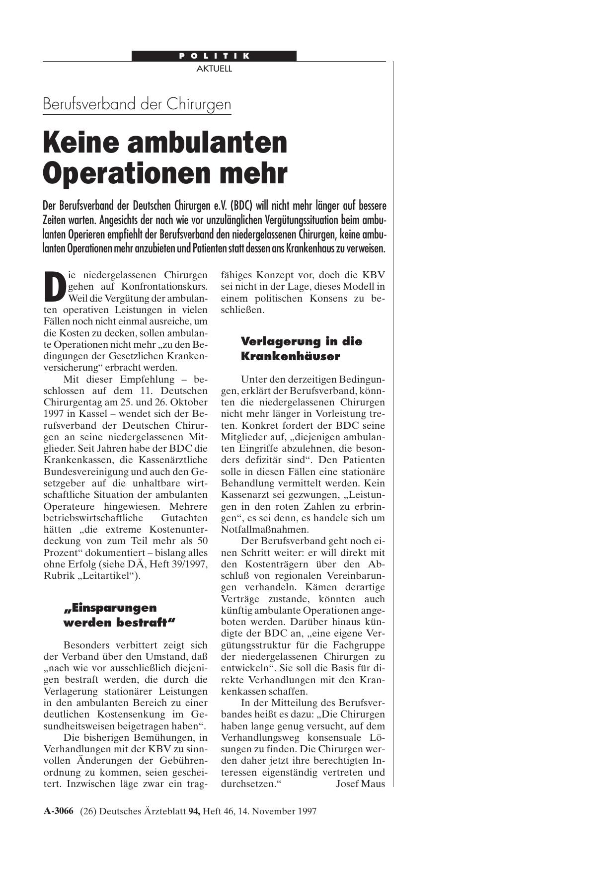 Vorschauseite 1: Berufsverband der Chirurgen: Keine ambulanten Operationen mehr