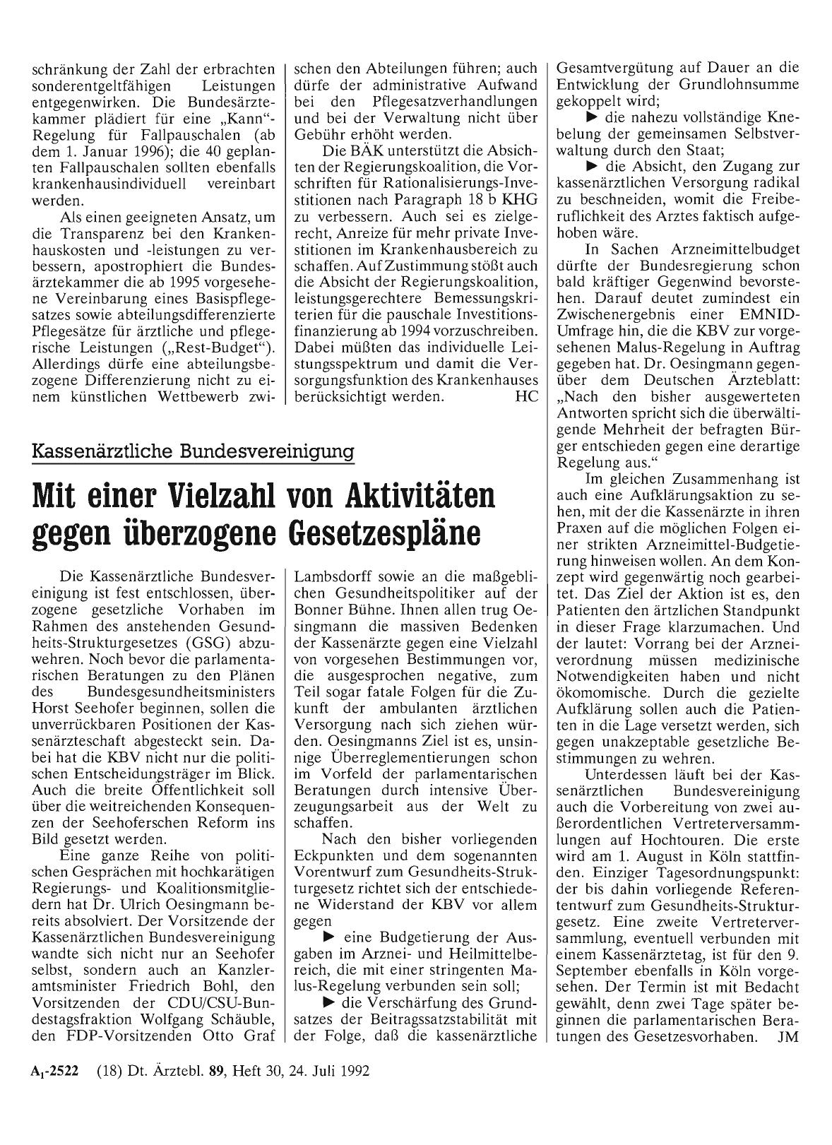 Vorschauseite 1: Kassenärztliche Bundesvereinigung: Mit einer Vielzahl von Aktivitäten gegen überzogene Gesetzespläne