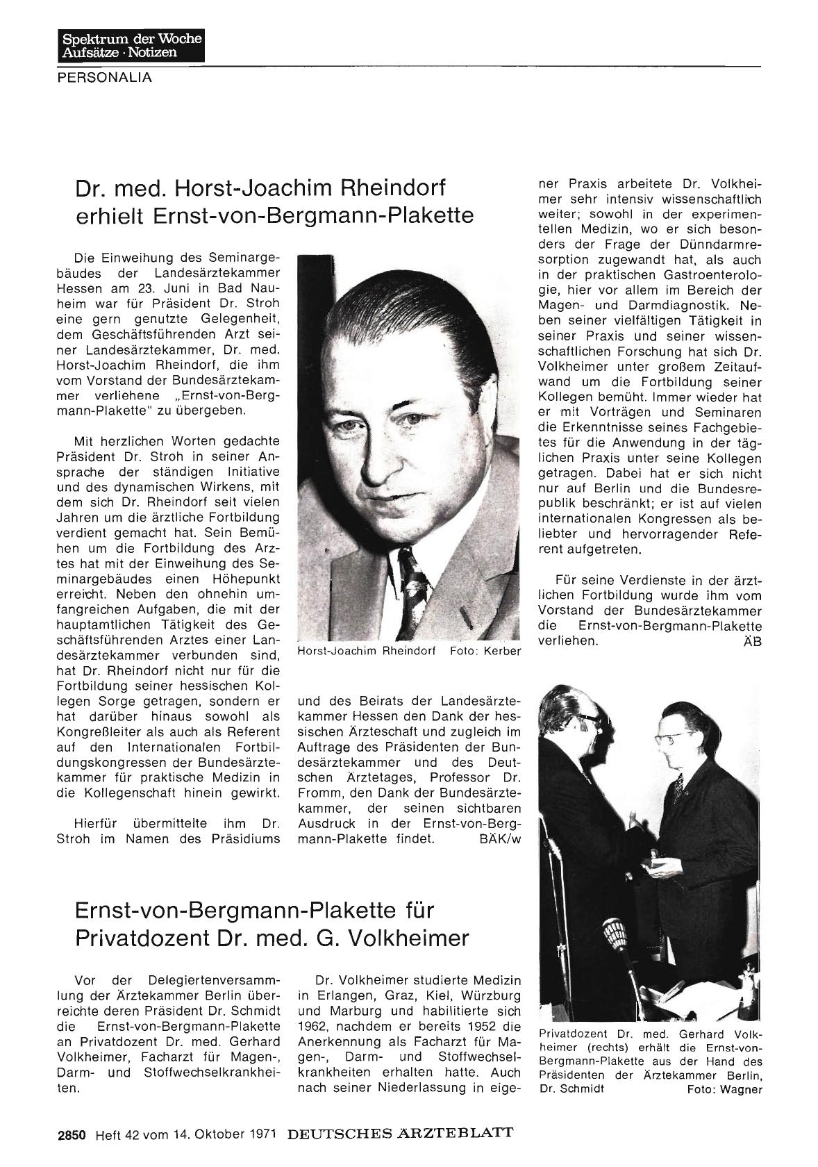 Vorschauseite 1: Dr. med. Horst-Joachim Rheindorf erhielt Ernst-von-Bergmann-Plakette