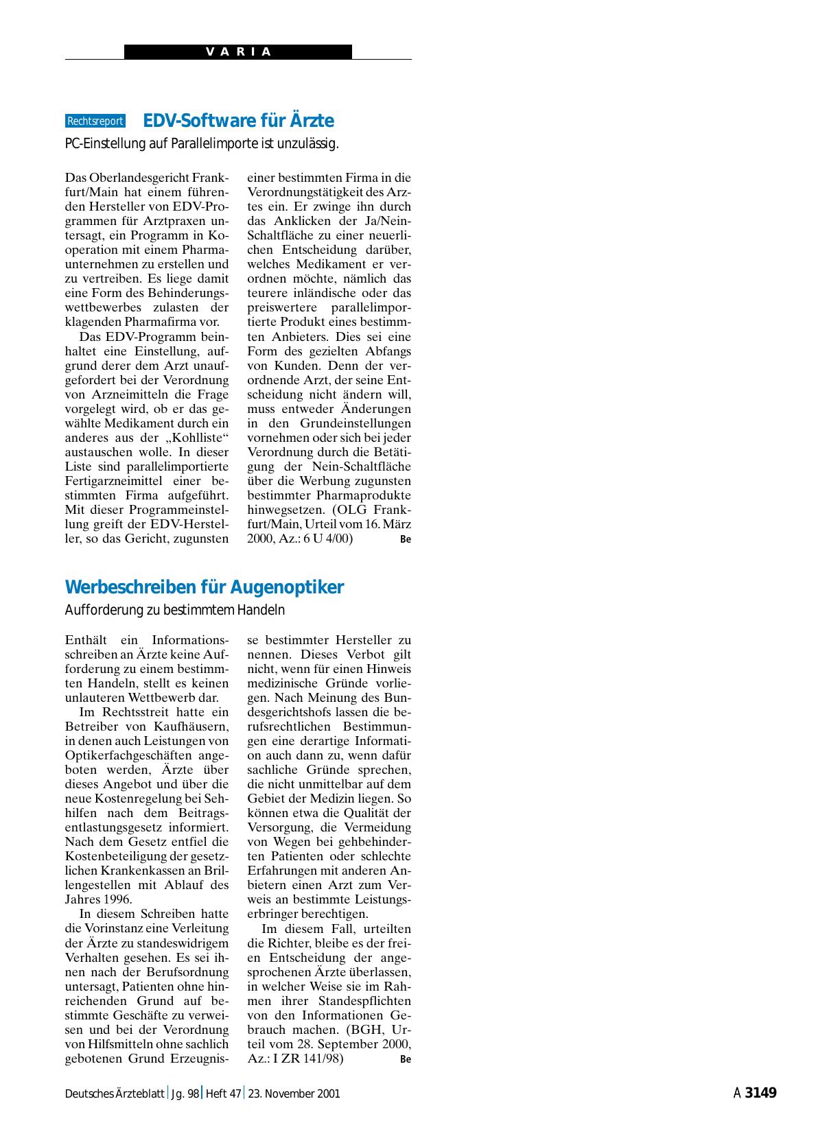 Vorschauseite 1: EDV-Software für Ärzte: PC-Einstellung auf Parallelimporte ist unzulässig