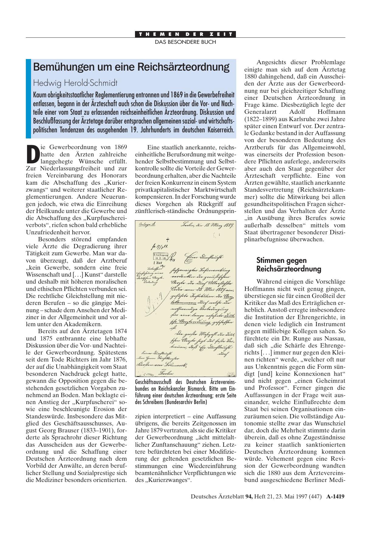 Vorschauseite 1: Bemühungen um eine Reichsärzteordnung
