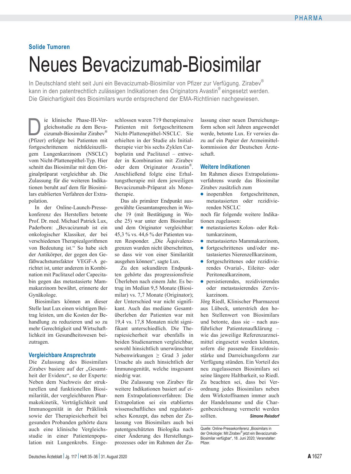 Vorschauseite 1: Solide Tumoren: Neues Bevacizumab-Biosimilar